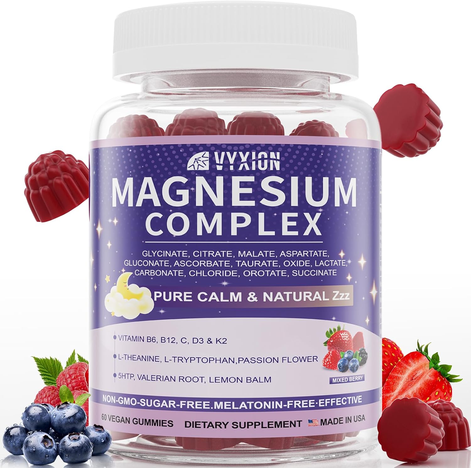 Magnesium Complex Gummies, Calm Relaxation & Deep Sleep Support, 12-in-1 Magnesium Glycinate with L-Theanine, Vitamin D3, K2, Zinc – for Women & Men, No Added Sugar