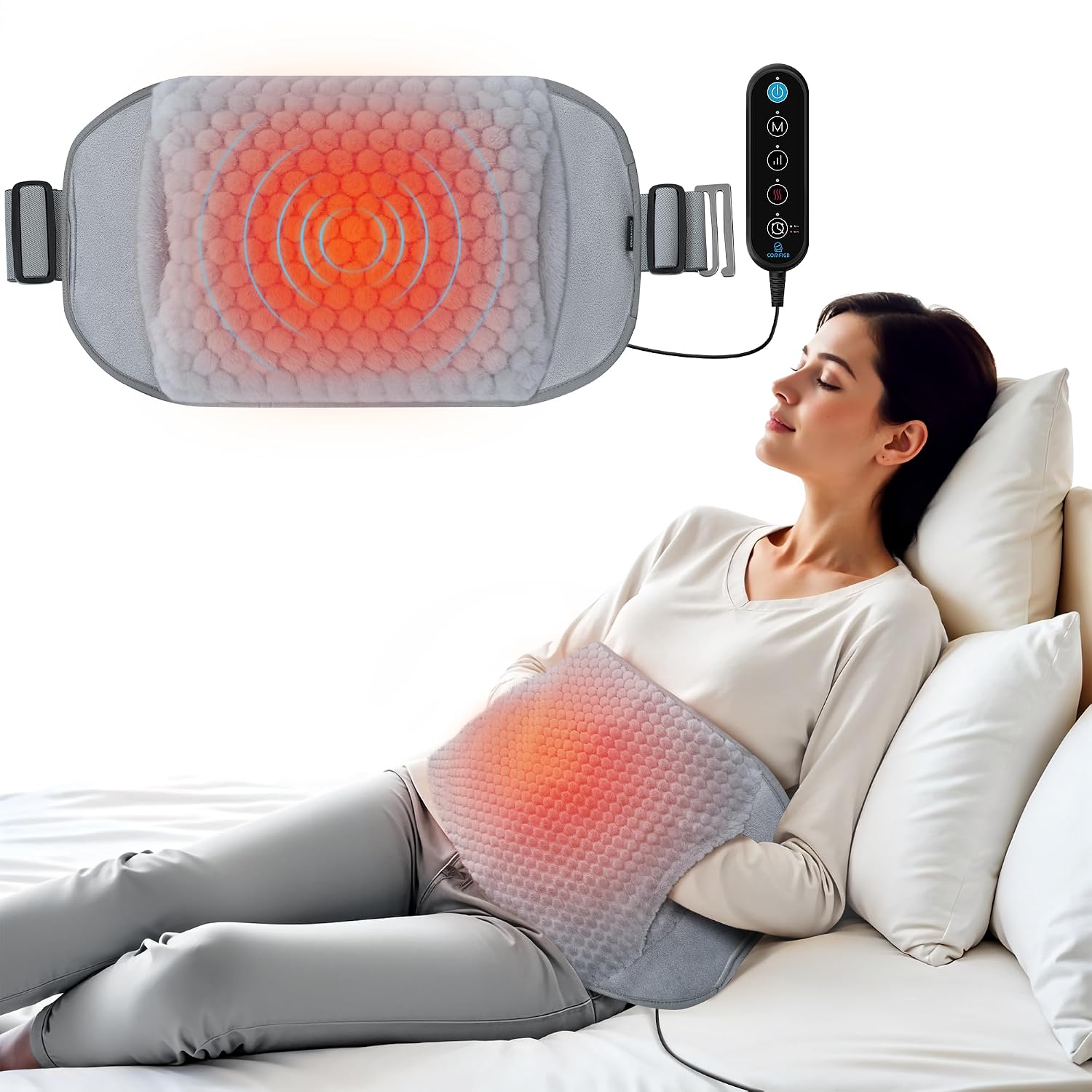 COMFIER Heating Pad with Graphene Heat & Massage for Back, FSA Eligible | Large Pocket, Hand Controller, 2 Vibration Motors, 3 Modes, 3 Intensities, 3 Heat Levels, 30/60-Min Timer, Gift for Mom