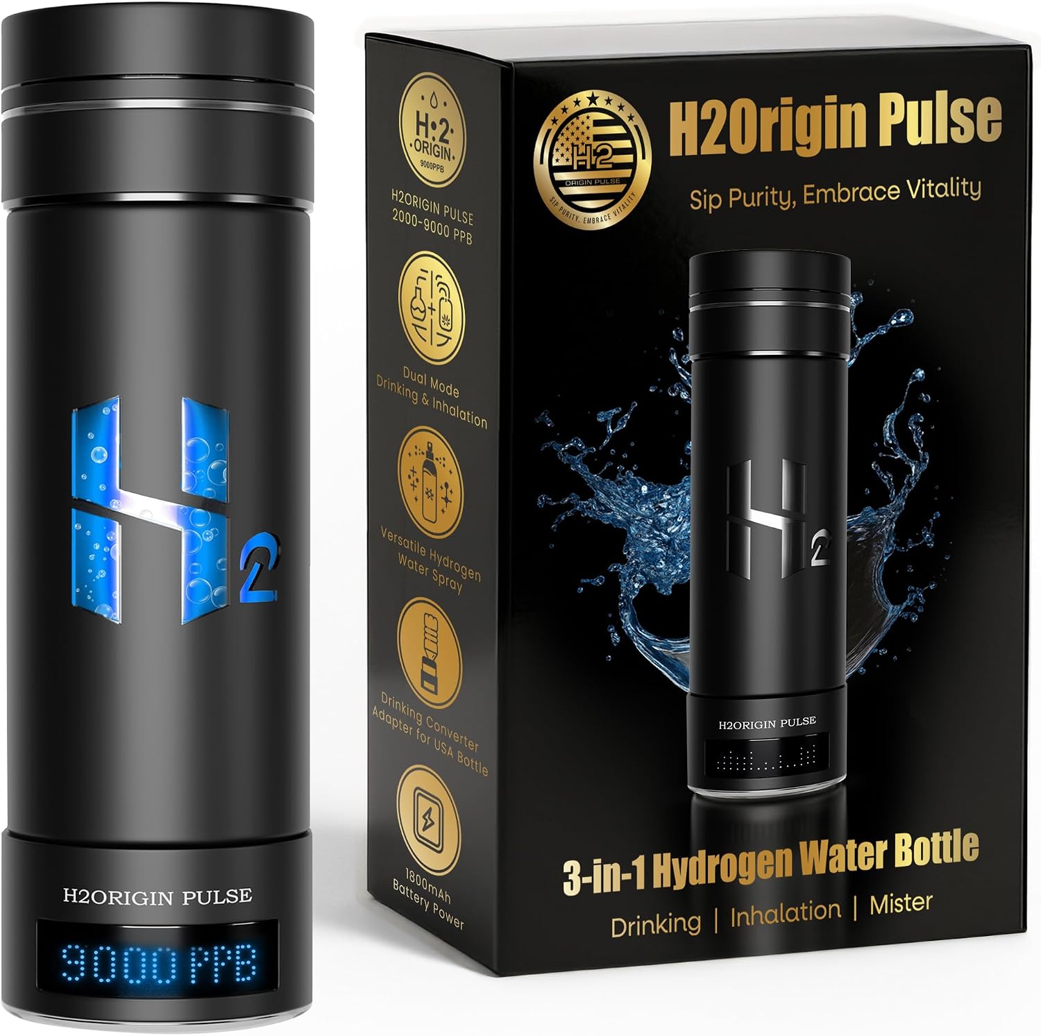 Hydrogen Water Bottle Generator, Up to 9000 PPB Hydrogen Bottle Water Ionizer with SPE/PEM Technology, 3-in-1 Portable Universal Adapter and Refreshing Mist Spray