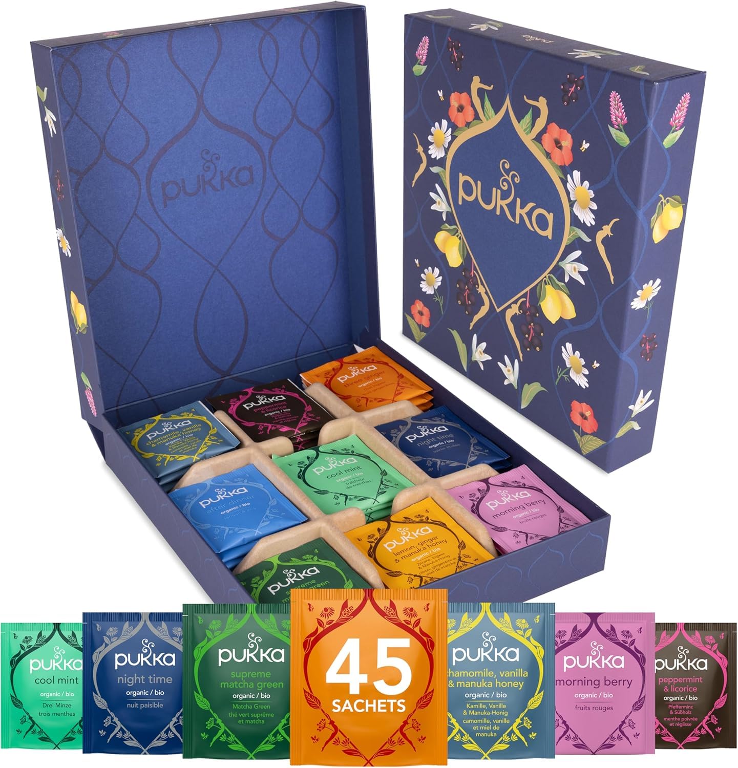 Pukka Premium Herbal Tea Gift Set, 45 Organic Tea Bags with 9 Flavors | Premium Herbal Tea, Caffeine Free, Variety Pack Wellness Collection for Tea Lovers Holiday Birthday Gift Box