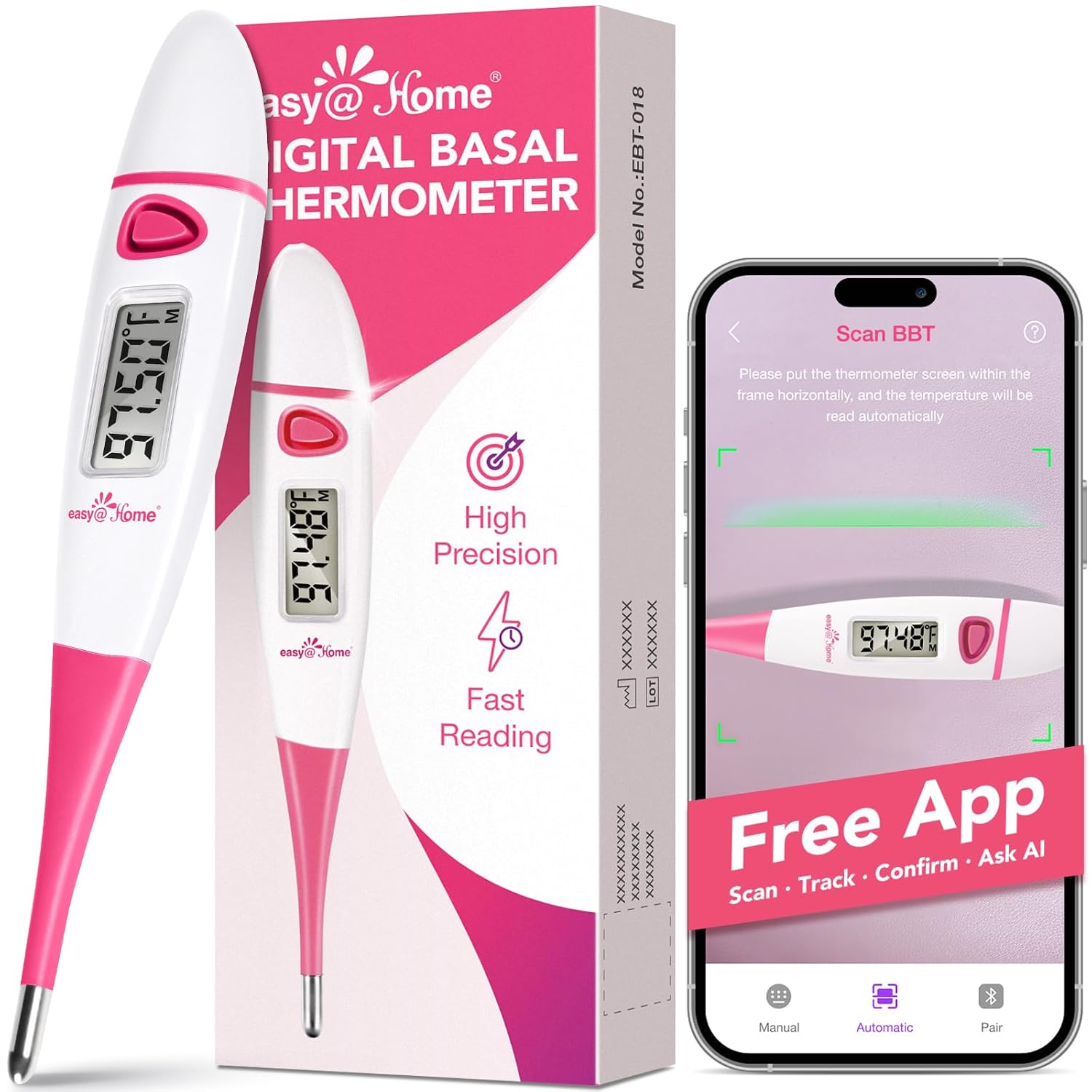 easy@Home Digital Basal Body Thermometer for Adults – Ovulation BBT | Precise 1/100th Degree Tracking. Flexible Waterproof Tip & Memory Recall. Auto Scan with Premom App