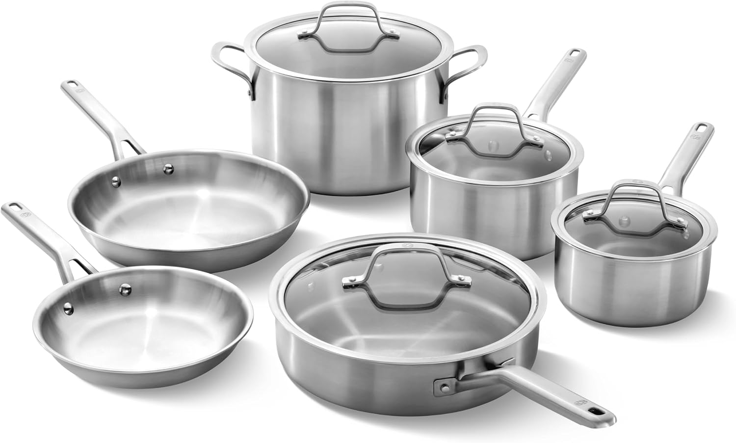 Calphalon Brushed 3-Ply Stainless Steel Cookware Set w/Turbo Heat Tech 10-Piece Set Includes Frying Pans, Pots and Pans Set, Induction, Oven Safe 450F, Brushed Stainless Silver