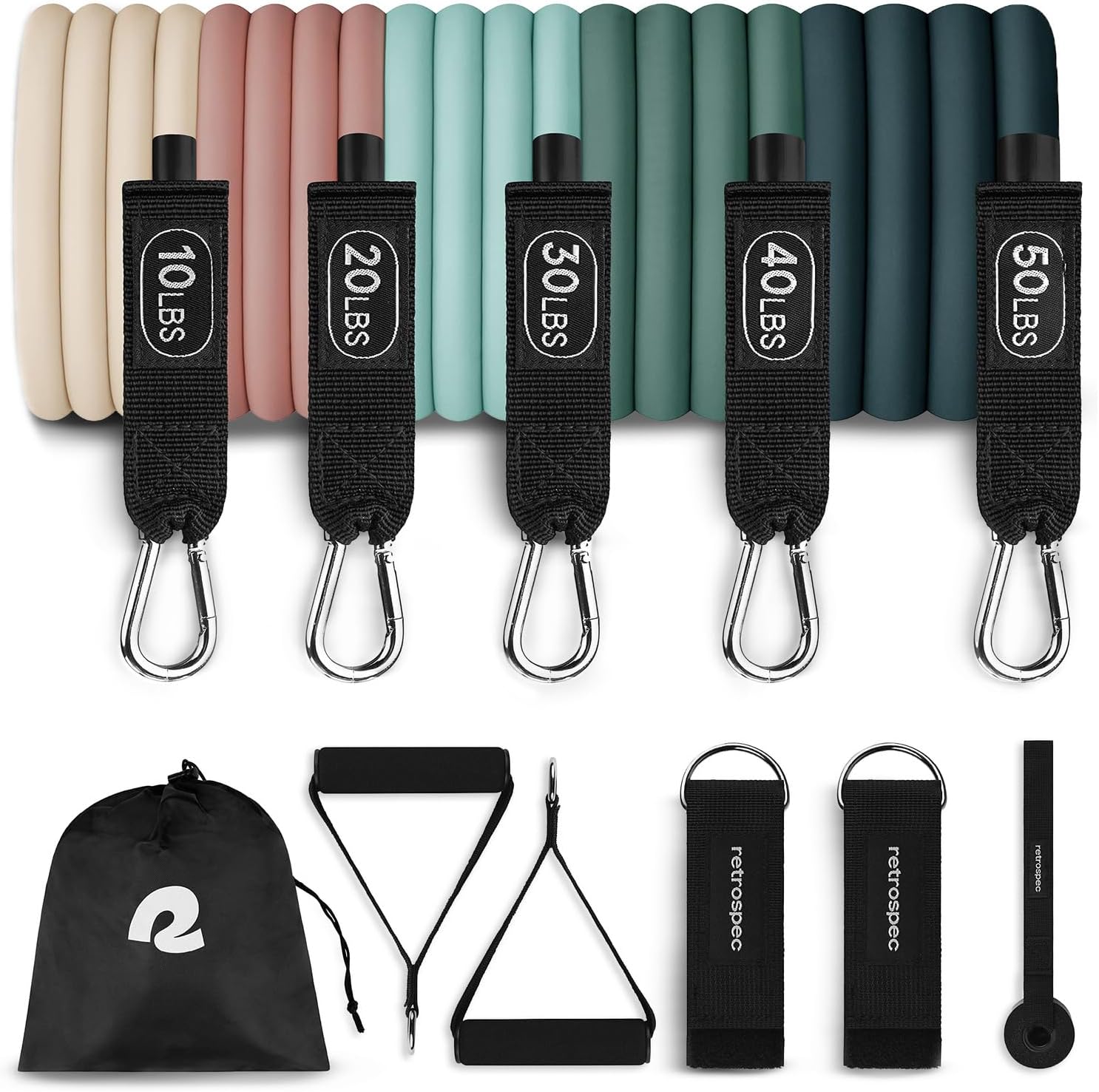 Retrospec Train Resistance Bands Set for Working Out – 5 Stackable Bands, Handles & Door Anchor – Portable Fitness Equipment for Physical Therapy & Yoga Includes Carry Bag