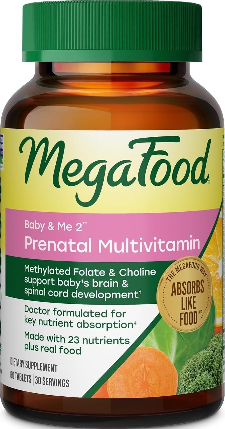 MegaFood Baby & Me 2 Prenatal Vitamins, Doctor Formulated, 60 Tablets | Prenatal Vitamins for Women with Methylfolate, Choline, Iron, Iodine, Vitamin C & D3, Non-GMO, Vegetarian, 30 Servings