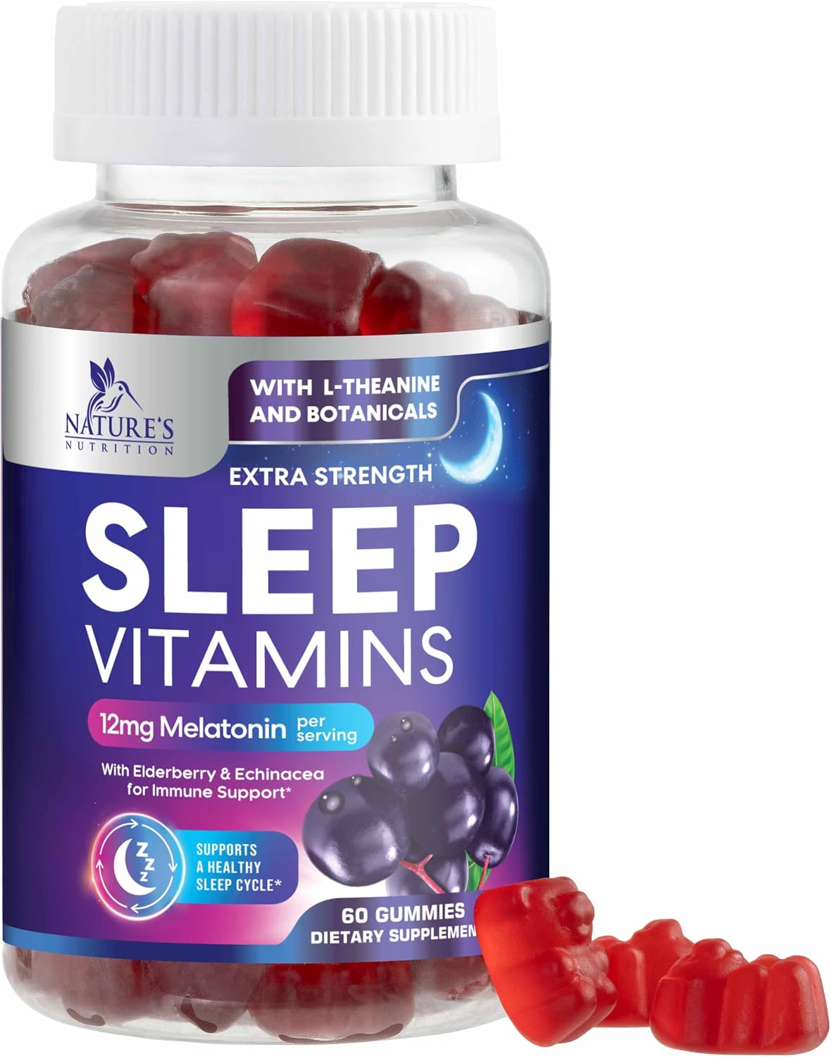 Sleep Gummies with Melatonin – Extra Strength Sleep Vitamin Gummy with L-Theanine & Chamomile – Natural Melatonin 12 mg Per Serving, Adult Sleep Support Supplement, Vegan, Berry Flavored – 60 Gummies