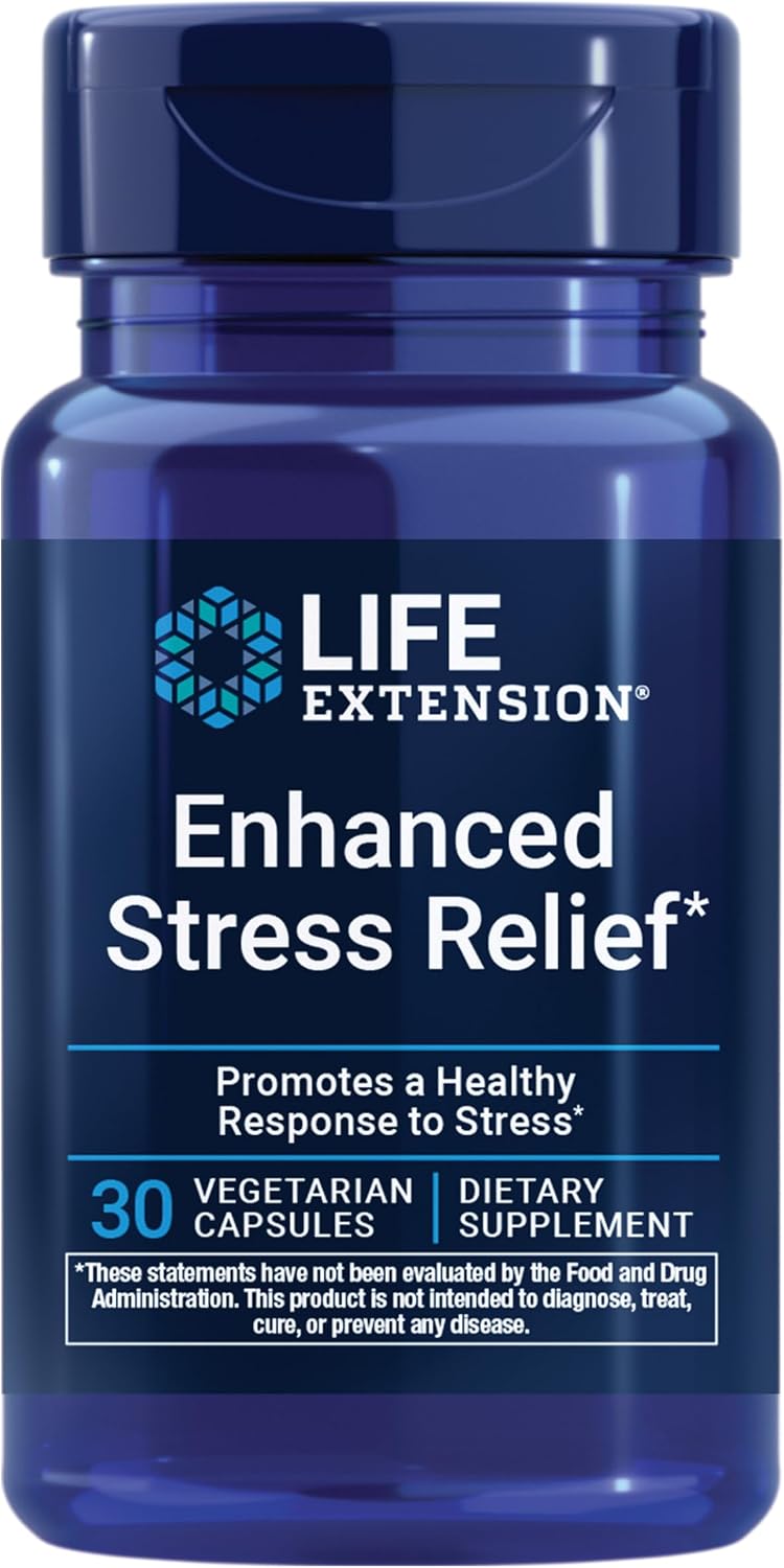 Life Extension Enhanced Stress Relief, Lemon Balm Extract, L-theanine, decompress with This Supplement for Stress, Gluten-Free, Non-GMO, Vegetarian, 30 Capsules