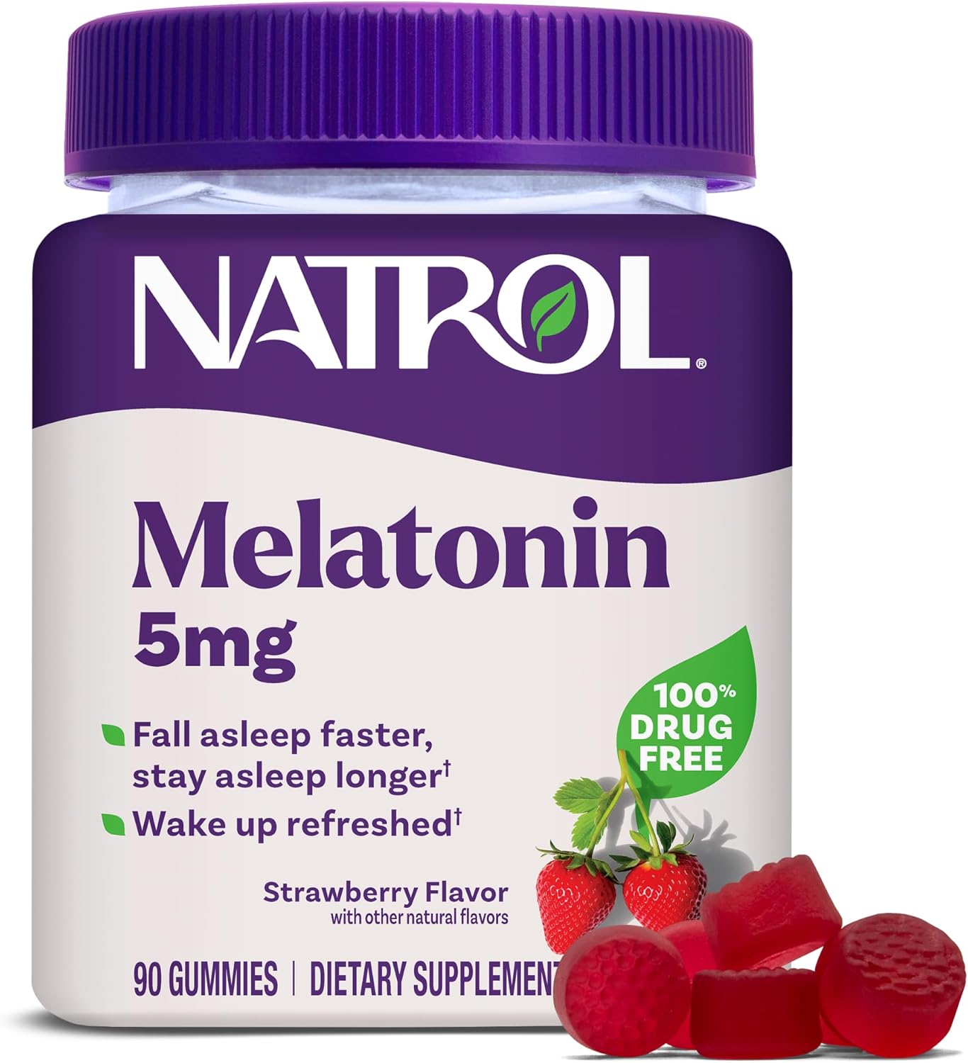 Natrol Melatonin 5 mg Gummies, Sleep Support for Adults, 90 Count | Supplement to Fall Asleep Faster & Stay Asleep Longer, Wake Up Refreshed, 100% Drug-Free, Strawberry-flavored, 90 Day Supply