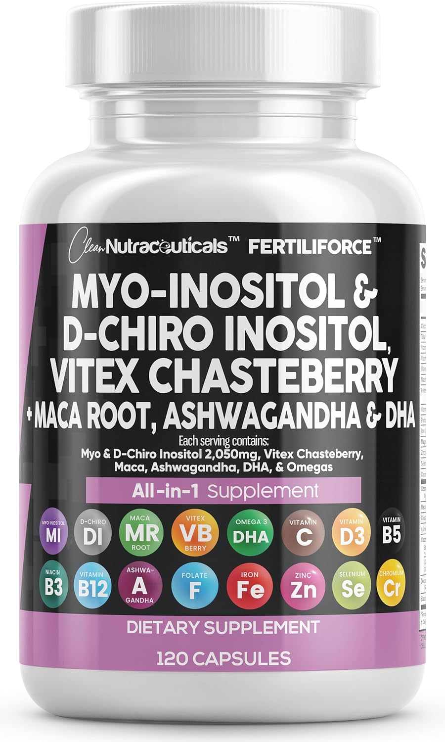 Clean Nutraceuticals Myo-Inositol & D-Chiro Inositol 2050mg Fertility Supplement 40:1 Ratio – Prenatal Vitamins for Women with Ashwagandha Maca Root Vitex Chasteberry Iron DHA Folic Acid DIM Zinc (1)