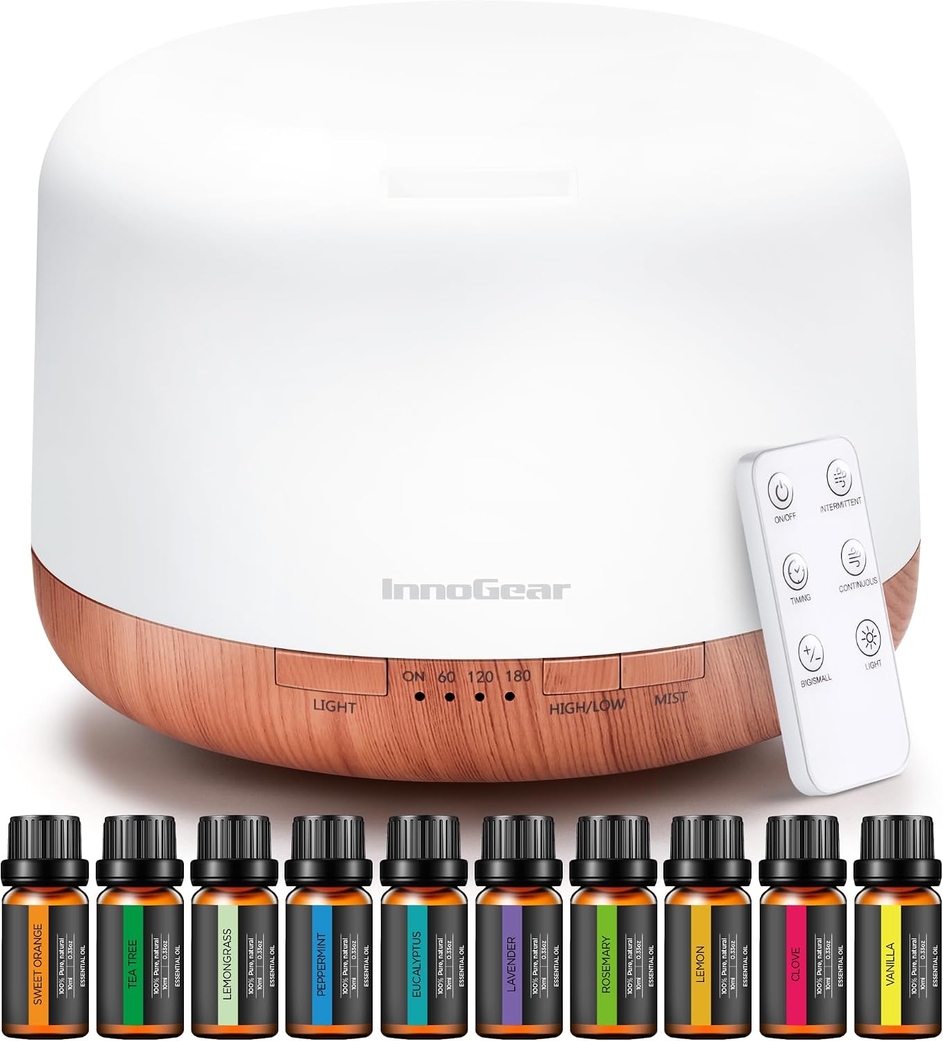 InnoGear 500ml Aromatherapy Diffuser for Home 10 Essential Oil Set, Yellow | Gift Set, Remote Control, Automatic Shut-Off, 4 Timers, Quiet, Run up to 18hrs, Cool Mist Humidifier, Large Room, Easy to Use