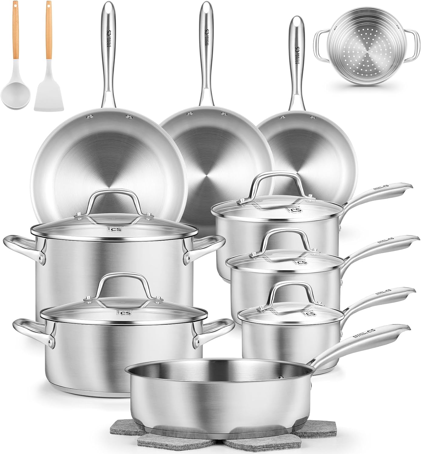 KOCH SYSTEME CS Stainless Steel Cookware Set 21 Piece with 5-Layer Base, Professional 18/10 Stianless Steel Pots and Pans Set, Oven&Dishwasher Safe, Non Toxic, Induction Kitchen Cooking Sets, 21PCS