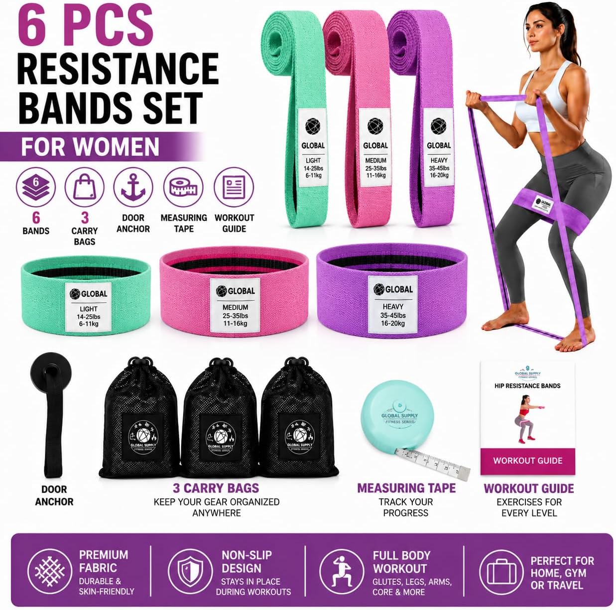 12 PCS Resistance Bands Set for Working Out – Fabric Booty & Long Exercise Bands for Women & Men with 3 Carry Bags, Door Anchor, Measuring Tape & Workout Guide