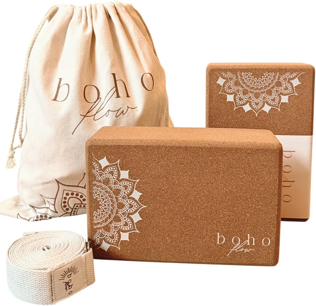 Cork Yoga Block Set – 2 Pack with Strap & Canvas Bag | Luxury Portuguese Yoga Blocks 9”x6”x3” | Heavy-Duty, Non-Slip Support | Eco-Friendly, Plastic-Free Materials
