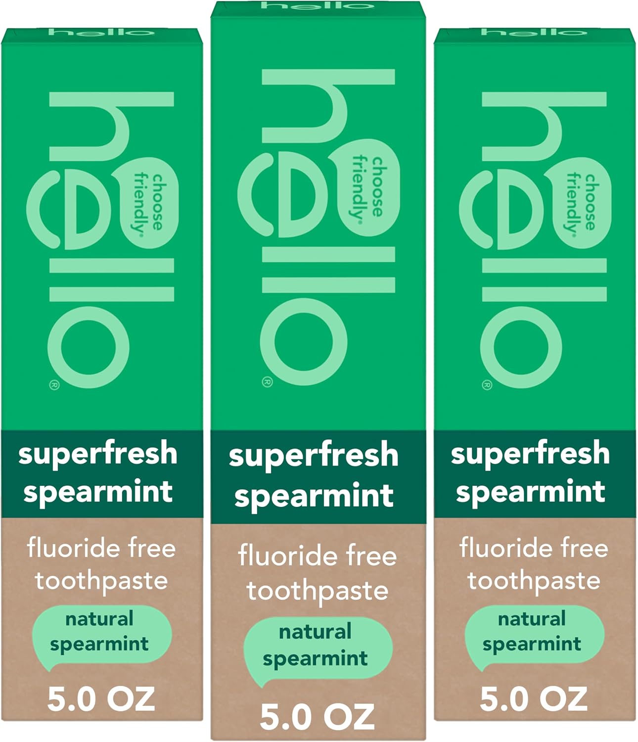 Hello Superfresh Natural Spearmint Fluoride Free Toothpaste for Bad Breath, 5 Oz, Minty Bad Breath Toothpaste, Cool and Refreshing Taste, Helps Whiten Teeth and Reduce Plaque, SLS Free, Vegan, 3 Pack | Bad Breath Toothpaste, Natural Spearmint Flavor, Cool and Refreshing Taste, Helps Whiten Teeth and Reduce Plaque, Vegan