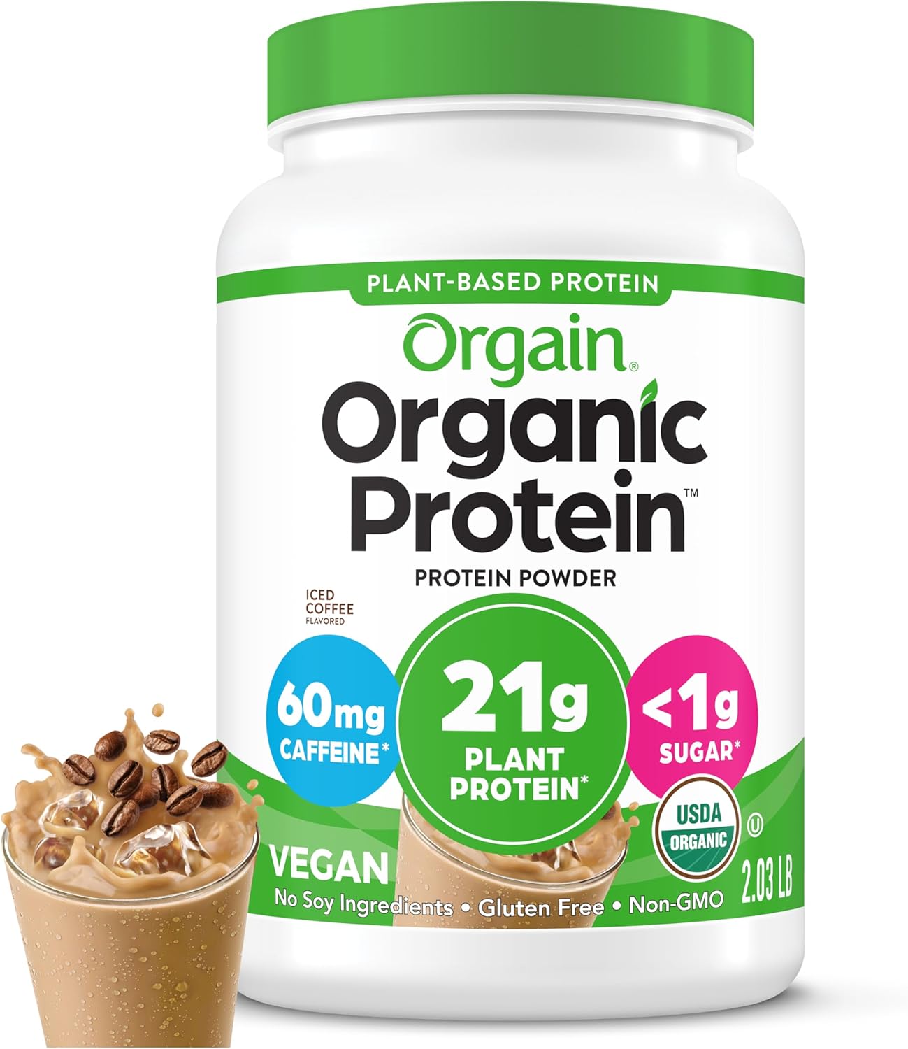 Orgain Organic Vegan 21g Protein Powder, Iced Coffee, 2.03 lb | Plant based protein, 60mg of caffeine, low net carb, no added sugar or lactose ingredients, non-GMO, for shakes & smoothies