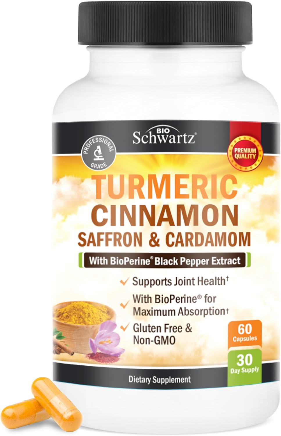 Turmeric Supplement with Saffron, Cinnamon, Cardamom & BioPerine – 60ct