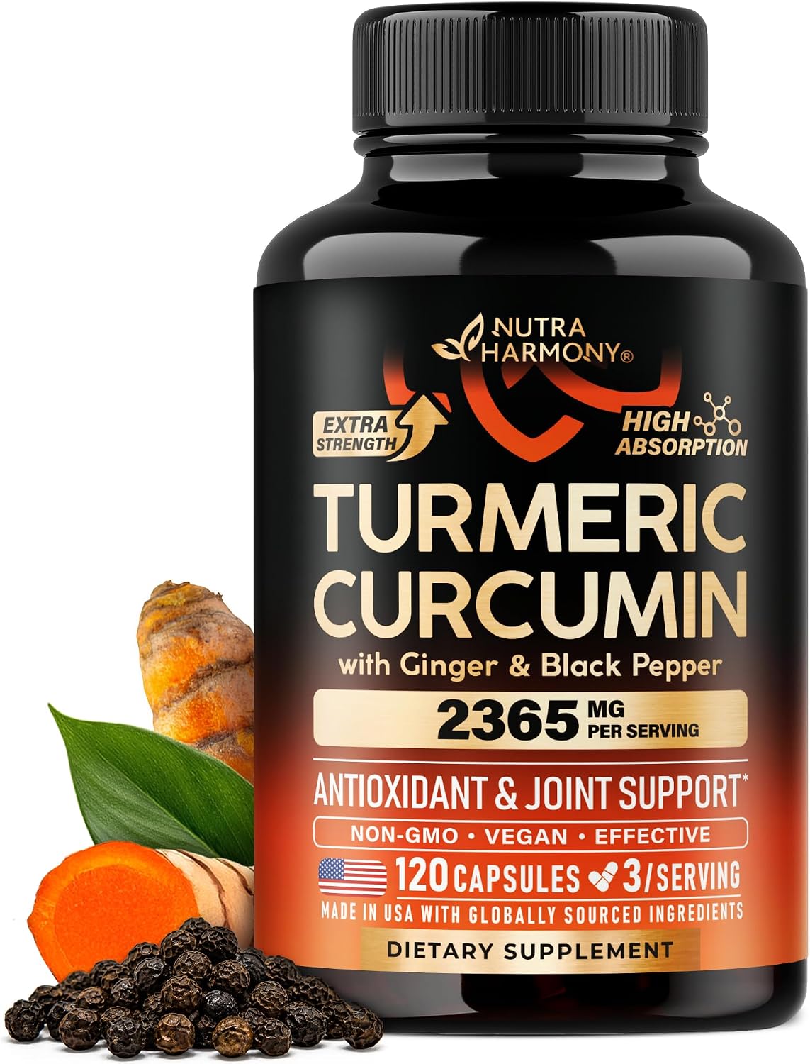 Turmeric Curcumin Supplement 2365mg – with Ginger & Black Pepper – 120 Caps