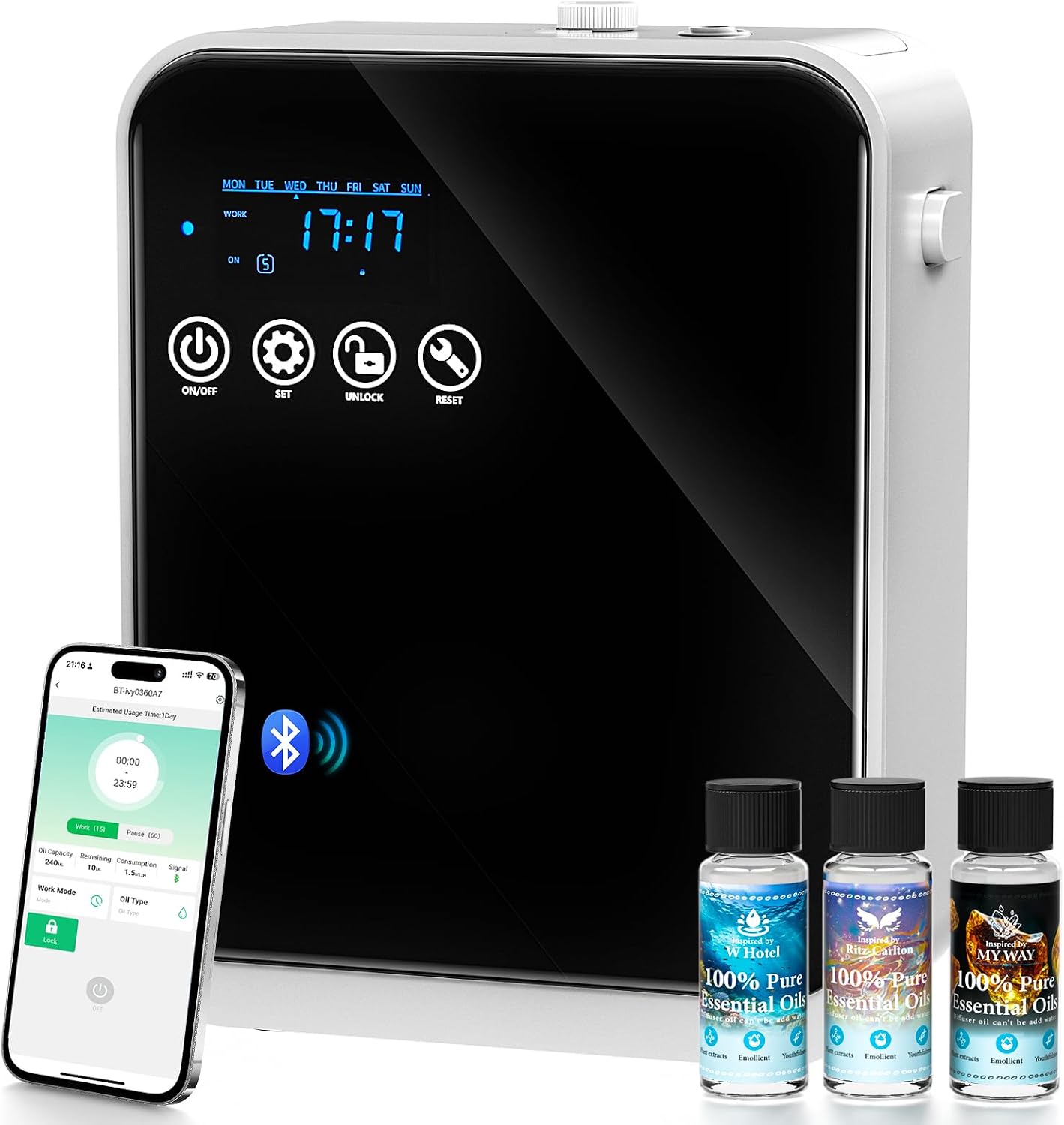 Waterless Essential Oil Diffuser,House Scent Air Diffusers for Home Hotel | with APP Control(Auto Timer) & Touch Screen(Adjust Level) |1500 sq.ft,Large Room Aromatherapy Oil Diffuser,250ml,Quiet(Black)
