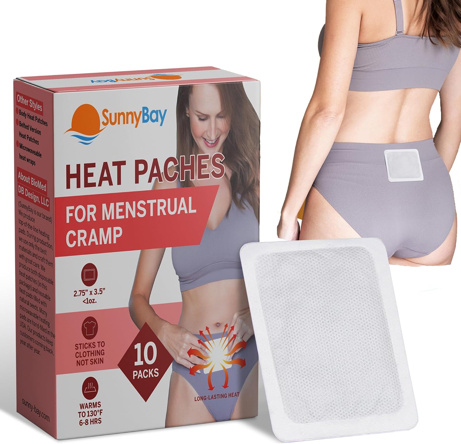 SunnyBay Heat Patches for Menstrual Cramp, 2.75×3.5 inch, 10 Count | Air-activated Adhesive Warmth at 130 F for Up to 8 Hours, Sticks to Clothing not Skin, Discreet All-day Wear
