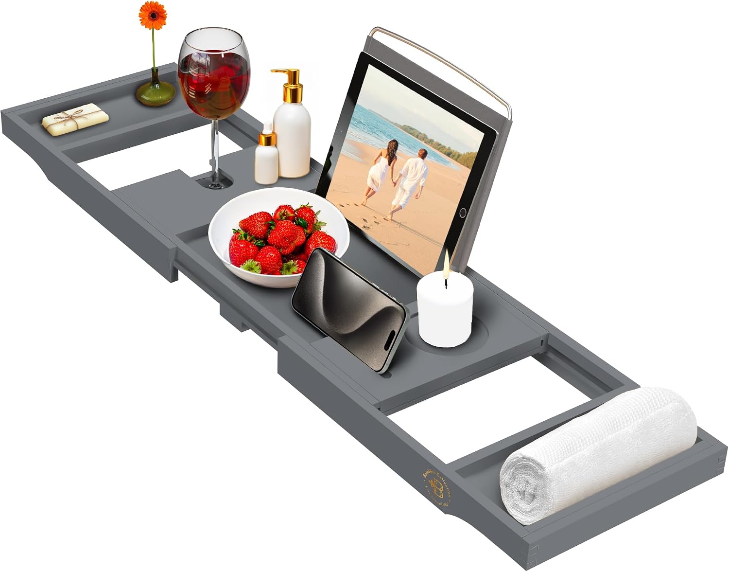 Bamboo Bathtub Tray Caddy – Expandable Wooden Bathroom Tray – Adjustable Bathroom Tray for Tub – Luxury Bath Caddy Tub Table – Gift Idea for Loved Ones (Grey)