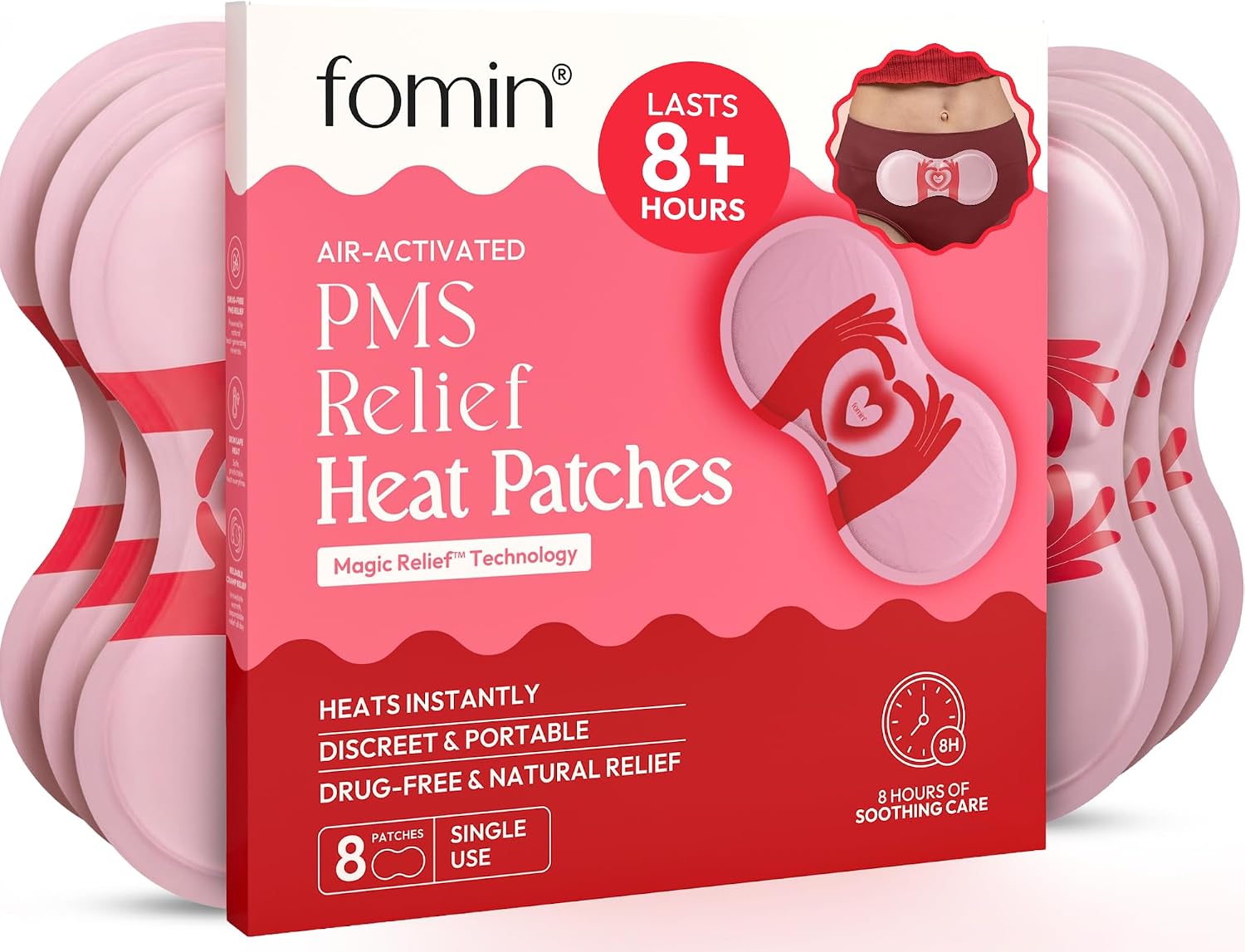 FOMIN PMS Relief Heat Patches (8 Pack) — Air-Activated Self-Heating Cramp Relief Patch, Drug-Free Period Pain Relief, 8-Hour Portable Menstrual Heating Pad, Discreet Wearable Patch for Women