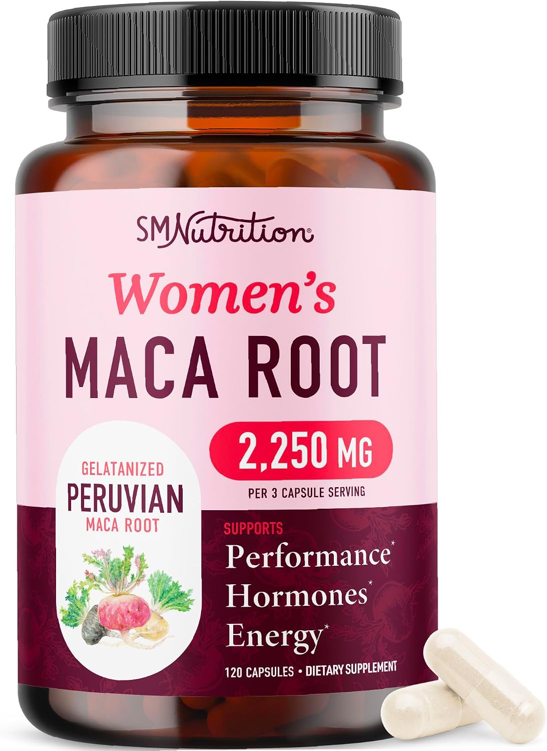Organic Maca Root Capsules for Women, Peruvian Maca 2250MG Extra Strength | Red Black & Yellow Root Powder with Black Pepper for Absorption, Herbal Support for Energy & Hormone Balance, 120 Capsules