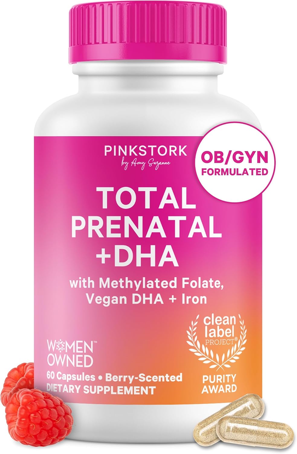 Pink Stork Total Prenatal + DHA, Vegan, No Fishy Burps, 60 Ct, Berry | Methylfolate, Vegan DHA, Non-Constipating Iron, Choline, Vitamin B12 | Clean Label Award, Gentle Stomach Formula, Made in USA