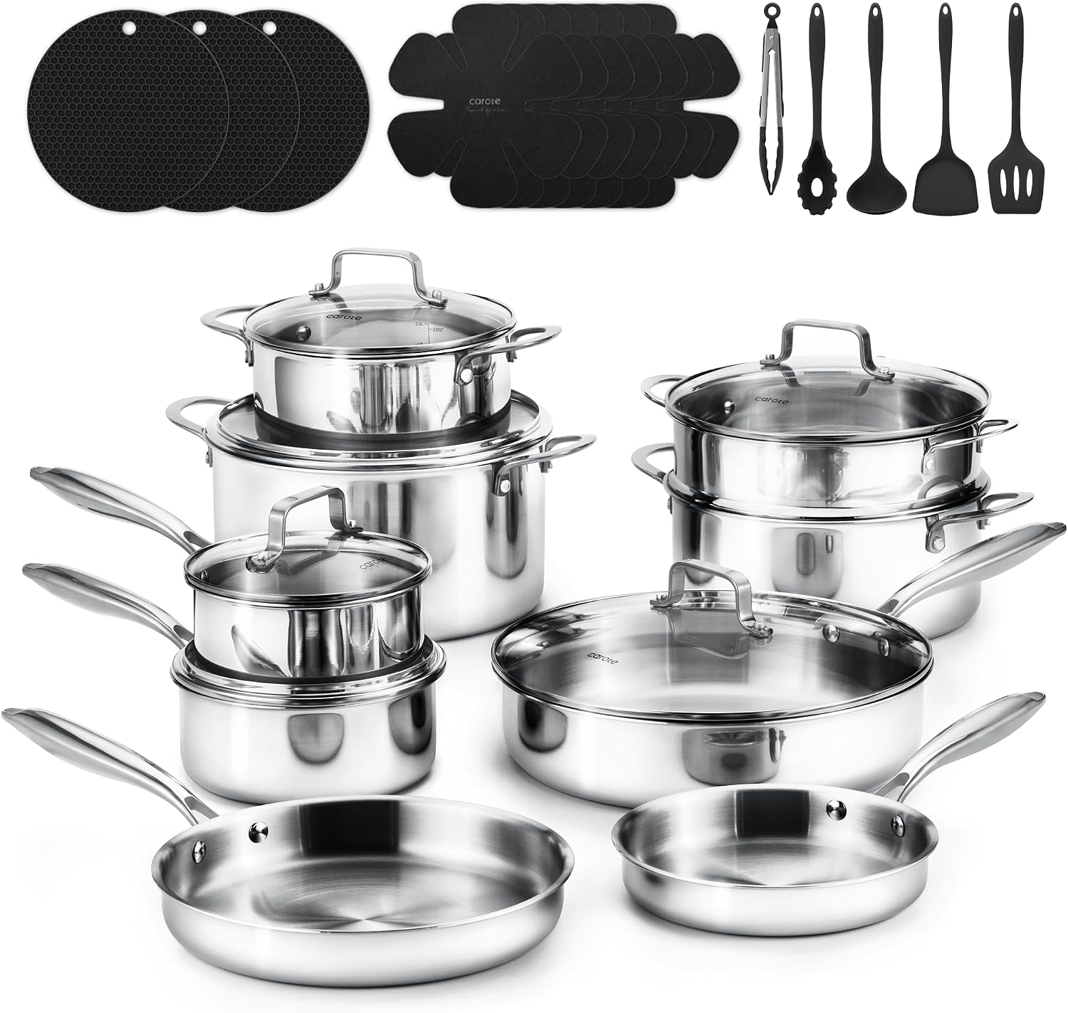 CAROTE 30 PCS Tri-Ply Stainless Steel Cookware Set, Pots and Pans Set, Non Toxic Induction Kitchen Cooking Sets, Cookware Collection, Silver