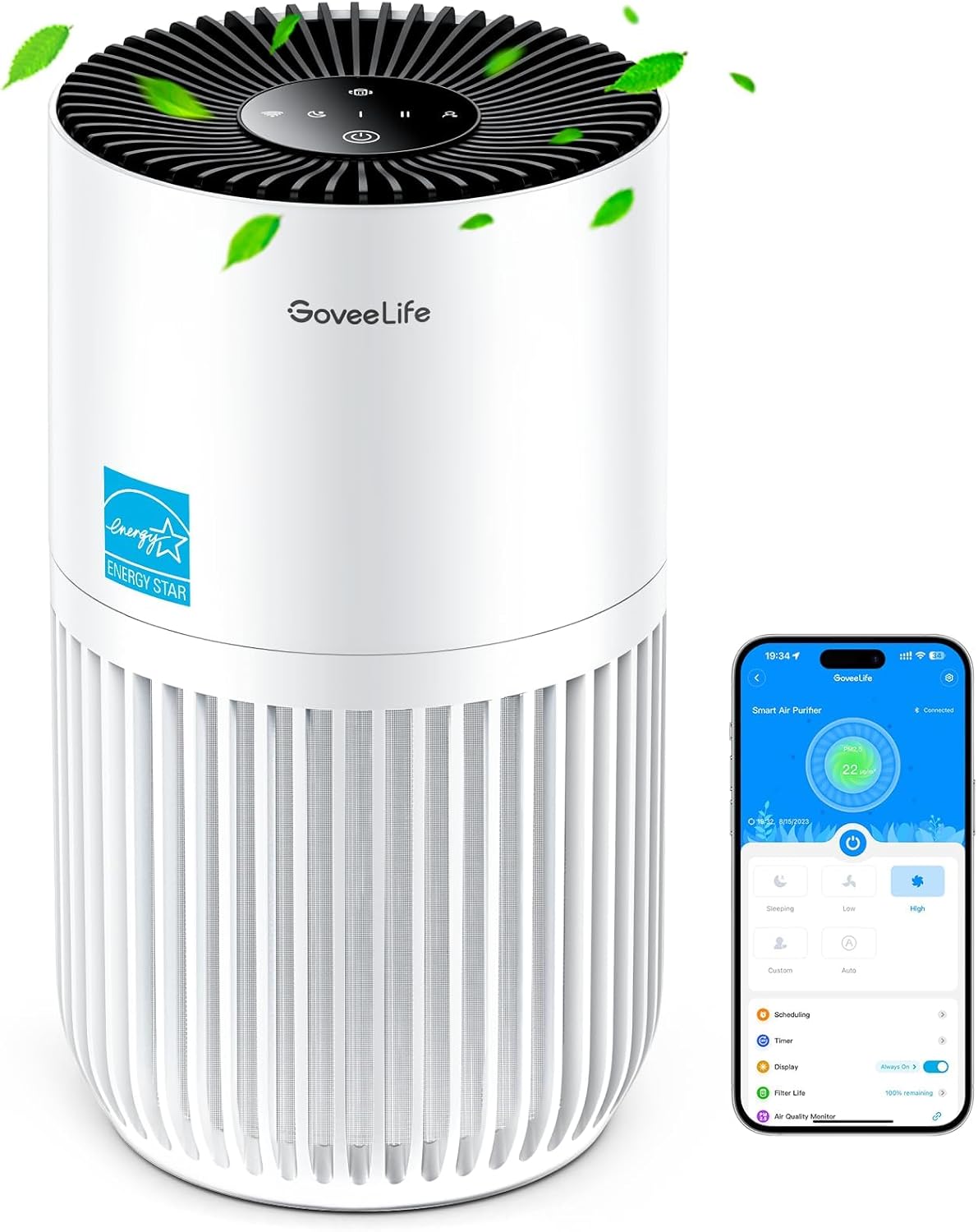 GoveeLife Smart Mini Air Purifier for Bedroom, with App & Alexa Control | HEPA Filter, Portable Air Cleaner with 3 Speeds, 2 Modes, Aroma for Pet Hair, Odors, Pollen, Home, White