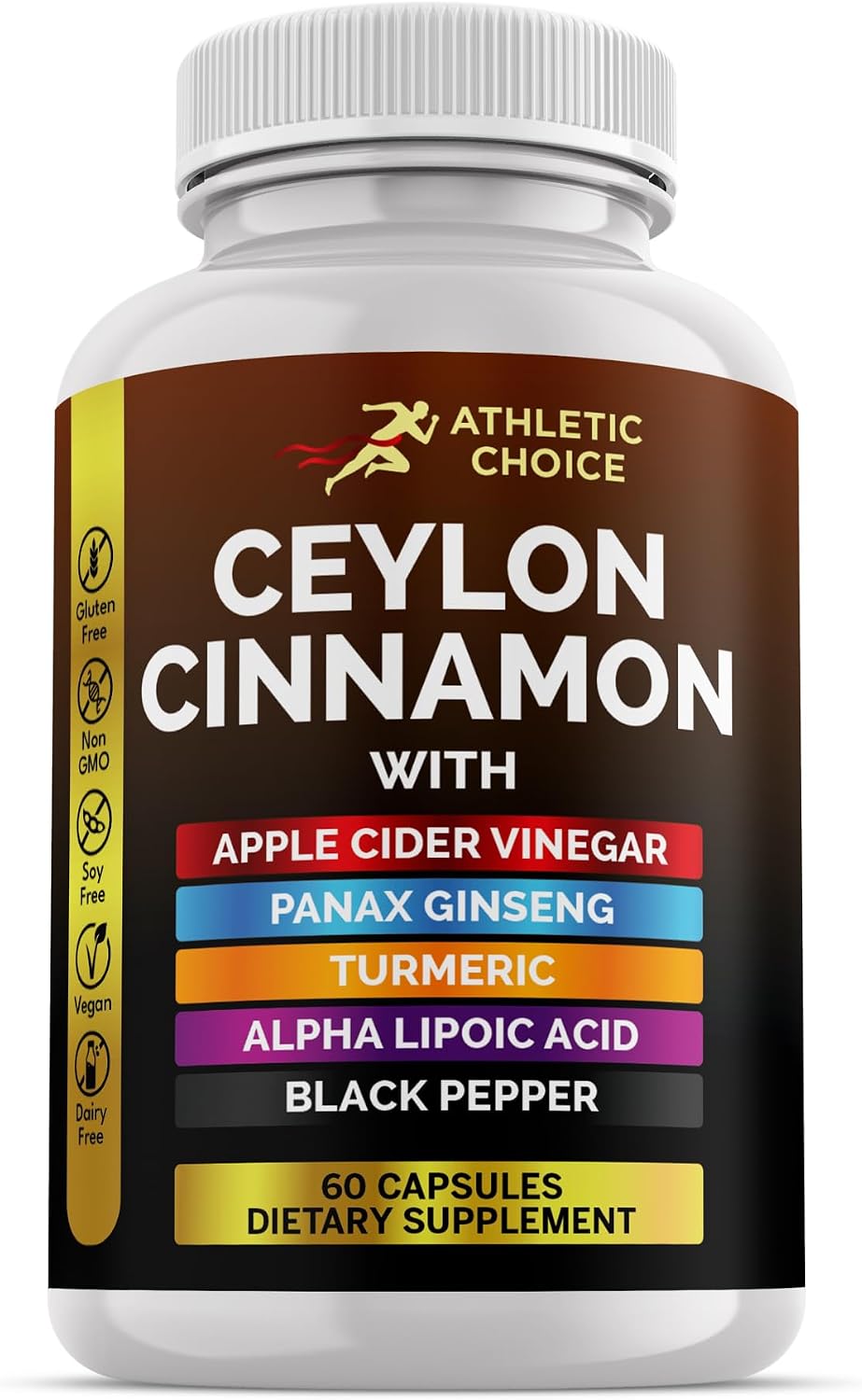 Ceylon Cinnamon Supplement, 6-in-1 Extract w/ACV, Turmeric, Ginseng, Alpha Lipoic Acid & Black Pepper Powder, 60 Pills, Non-GMO & Gluten-Free Ceylon Cinnamon Capsules