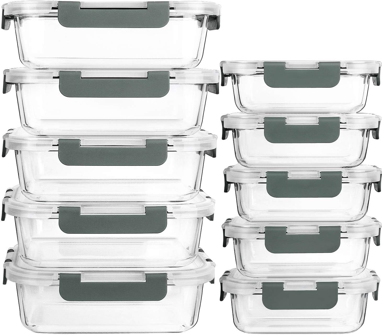 M MCIRCO 10 Pack Glass Food Storage Containers with Lids, Gray | Glass Meal Prep Containers,Airtight Lunch Containers with Lids, Microwave, Oven, Freezer and Dishwasher Friendly, BPA Free