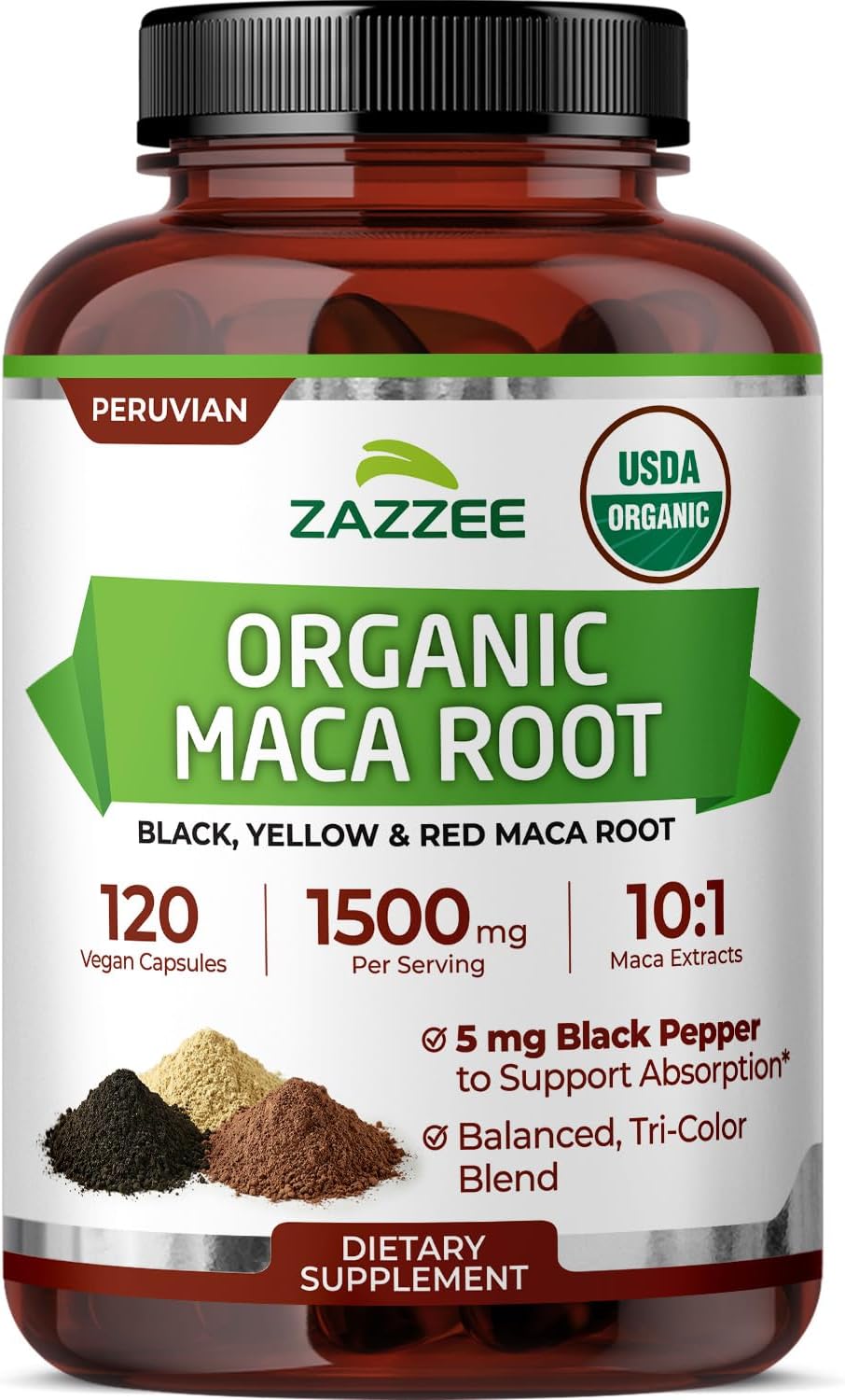 Zazzee USDA Organic Red, Black & Yellow Maca Root 10:1 Extract, Peruvian | 1500 mg per Serving, 120 Vegan Capsules, Black Pepper Extract, Maca Peruana, Energy & Stamina Support, Made in the USA