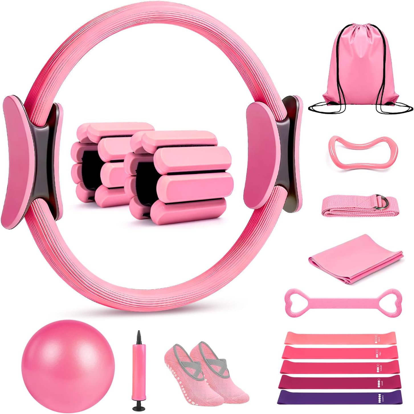 Pilates Ring Set 15 PCS, Home Pilates Essentials Kit for Women, 12″ Pilates Ring and 9″ Ball Set, Pilates Kit with Ankle Weights 2LB, Resistance Bands, for Toning & Better Me Gifts
