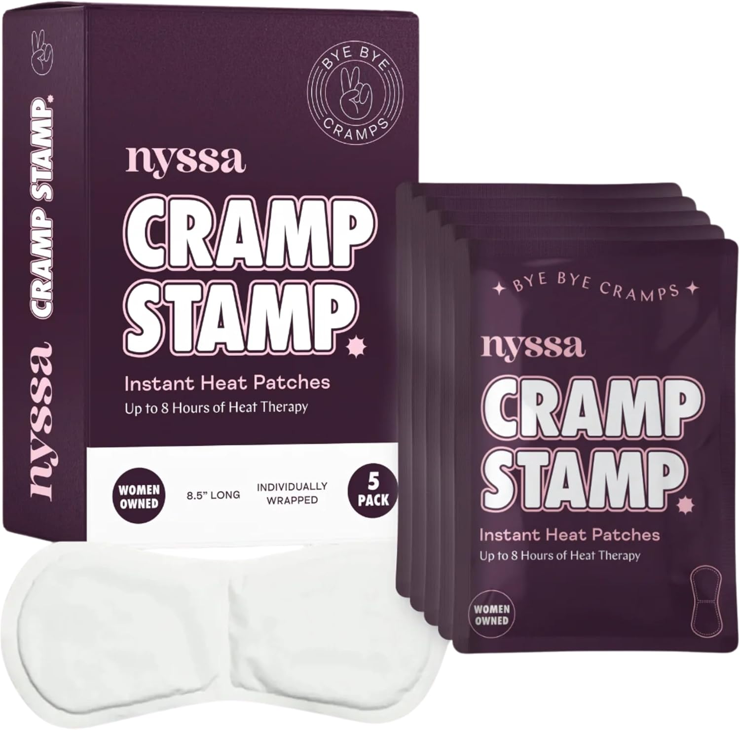 Nyssa Cramp Stamp — Period Heat Patches for Menstrual Pain Relief, Adhesive Back — Heating Pad & Cramp Relief | 8-Hour Lasting Max Heat Therapy (5-Count)