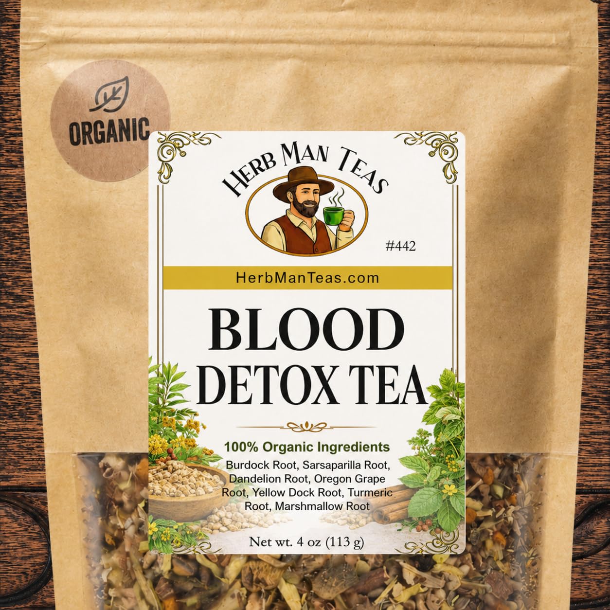 BLOOD DETOX TEA – Cleanses the Blood, Supports Liver Function & Improves Skin Conditions with Sarsaparilla Root, Burdock Root, Dandelion Root, Yellow Dock Root, Oregon Grape Root & Turmeric – Premium Organic Loose Leaf Tea, Non-GMO, No Additives – Made by Master Herbalist