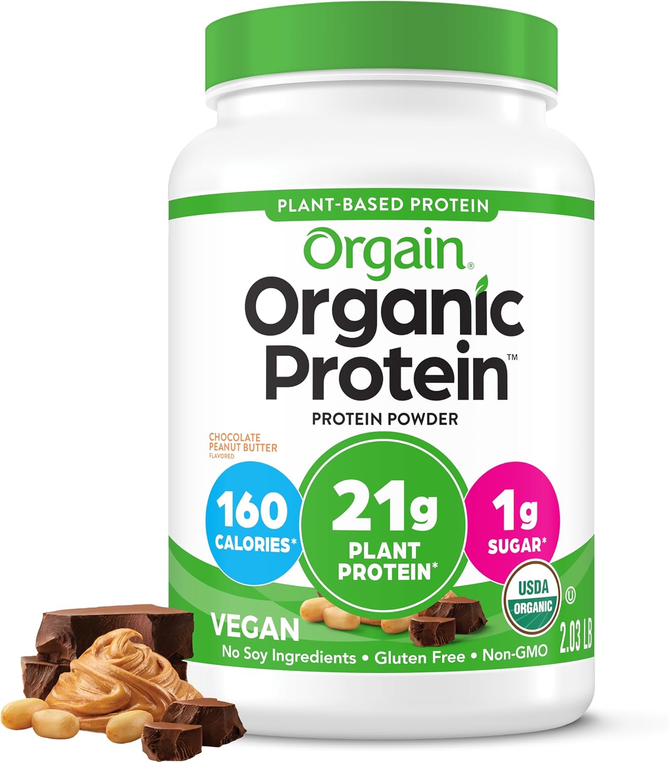 Orgain Organic Vegan 21g Protein Powder, Chocolate Peanut Butter, 2.03 lb | Plant based protein, 6g prebiotic fiber, low net carb, no added sugar or lactose ingredients, non-GMO, for shakes & smoothies
