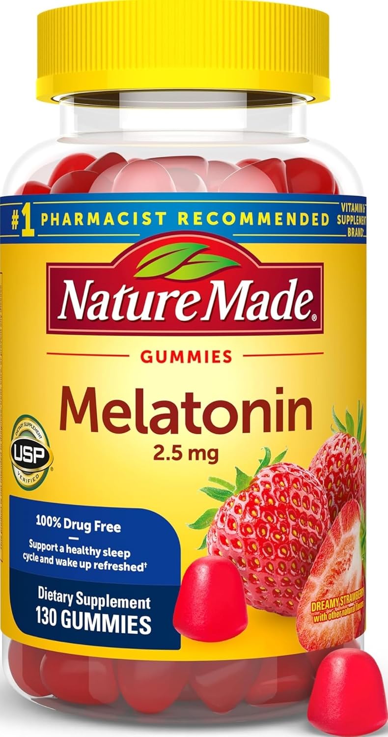 Nature Made Melatonin Gummies 2.5 mg, 100% Drug Free Sleep Aid, 130 Count | Lower Dose Melatonin Supplement for Men and Women, Sleep Aid for Adults, Strawberry Flavor, 130 Day Supply