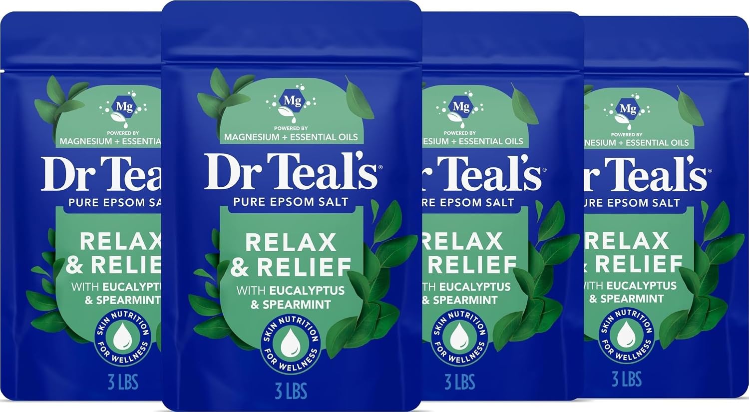 Dr Teal’s Pure Epsom Salt, Relax & Relief with Eucalyptus and Spearmint, 3 lb (Pack of 4)