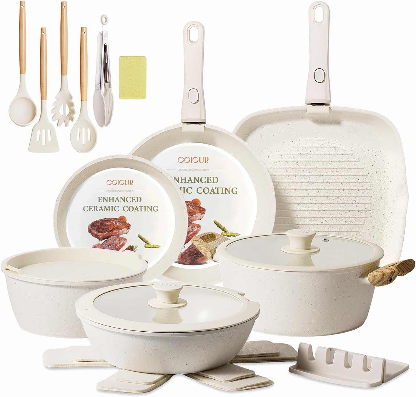 Ceramic Cookware Set Non Stick 23Pcs Pots and Pans Set Non Toxic with Detachable Handle Induction Kitchen Cookware Set Space Saving, Oven & Dishwasher Safe, Cream