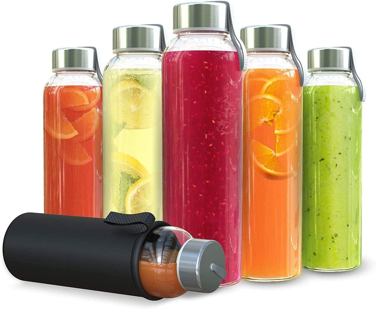 Chef’s Star 18 Oz Glass Water Bottles, Glass Drinking Bottle with Protection Sleeve, Juice Bottles with Stainless Steel Leak Proof Lids, Pack of 6