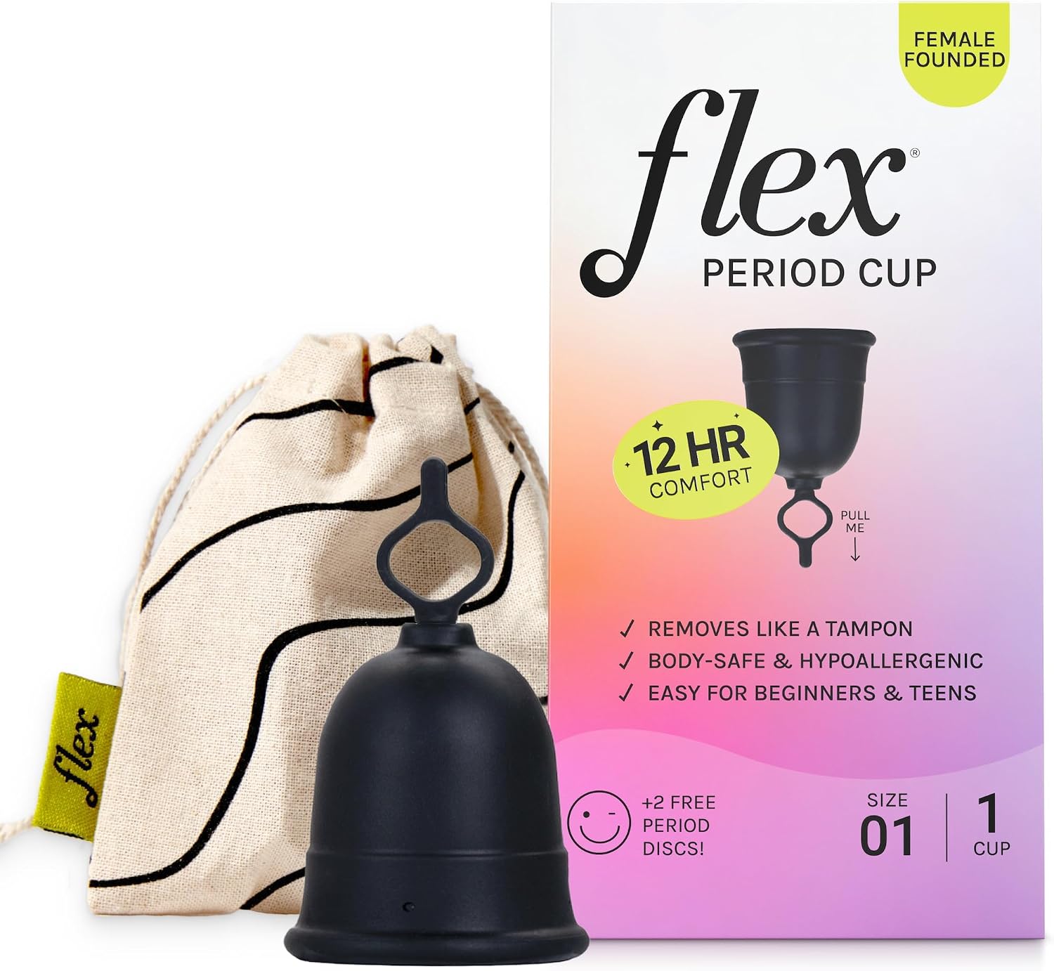 Flex Cup Starter Kit (Full Fit – Size 01) | Reusable Menstrual Cup + 2 Free Menstrual Discs | Pull-Tab for Easy Removal | Tampon + Pad Alternative | Lasts up to 10 Years | Capacity of 2 Super Tampons