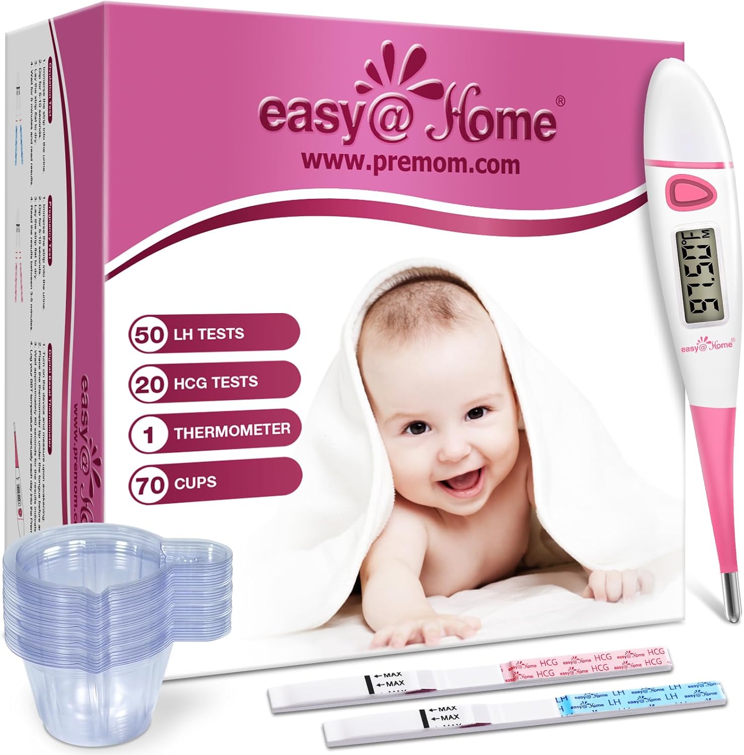 Easy@Home 50 Ovulation Test Strips + 20 Pregnancy Tests + BBT Thermometer | Complete Fertility Test Kit with LH Ovulation Strips, hCG Pregnancy Tests, 1 Basal Body Thermometer, and 70 Urine Cups