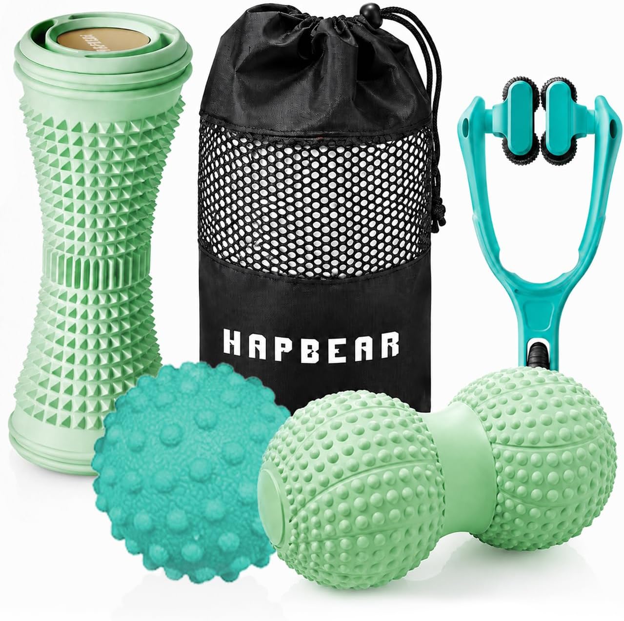 HAPBEAR Massage Ball Set 4 PC, Plantar Fasciitis Relief, with Storage Bag | Foot Roller, Peanut Ball, Spiky Release Balls, Finger Massager, Deep Tissue & Fascia Release Kit for Muscle Soreness Tension