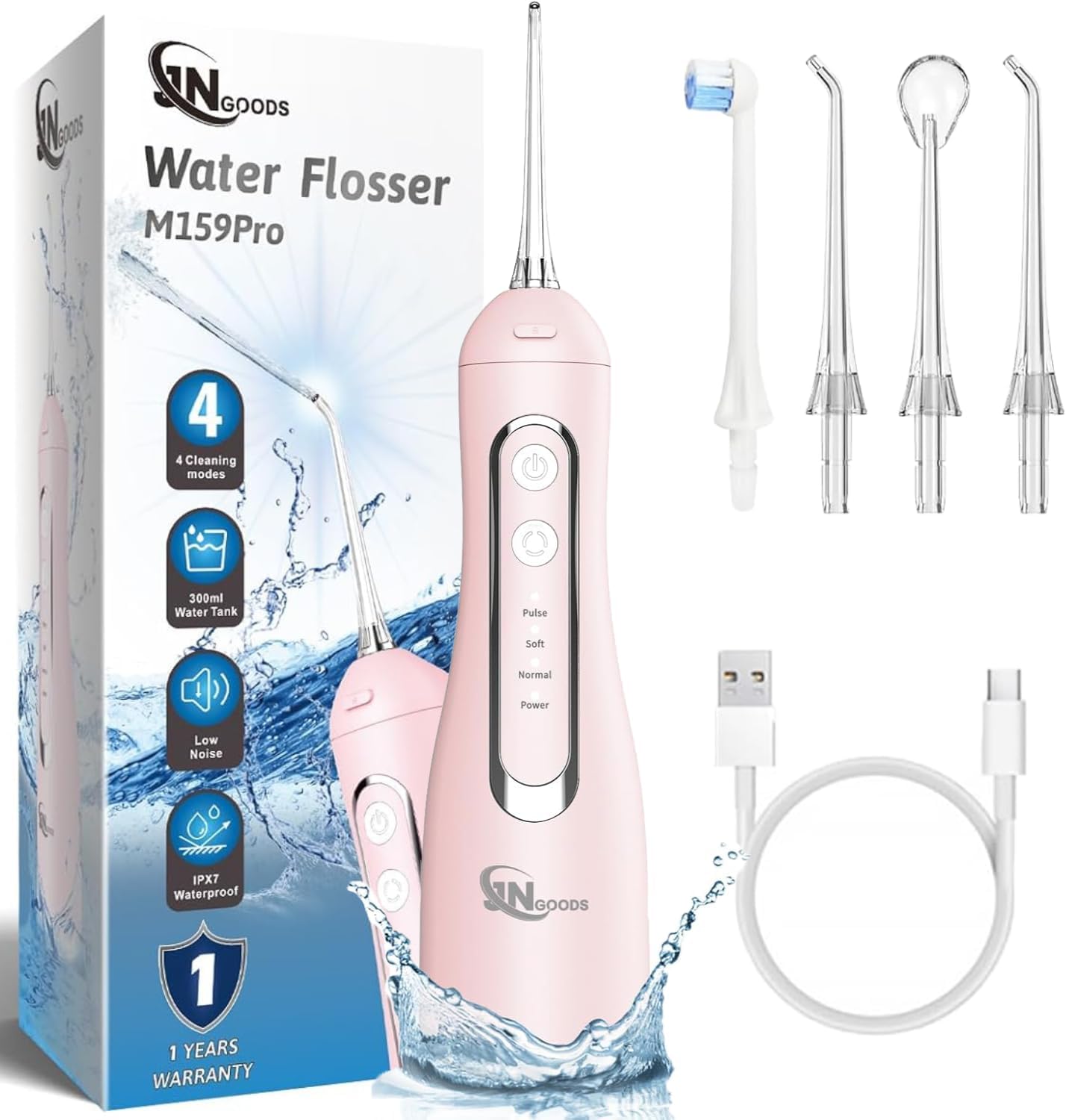 JNGOODS Cordless Water Dental Flosser Oral irrigator,JNGOODS 300ml Rechargeable Water flosser for Teeth IPX7 Waterproof 4 Modes Portable Oral Irrigator with 4 Jet Tips, Travel Home use (Pink)