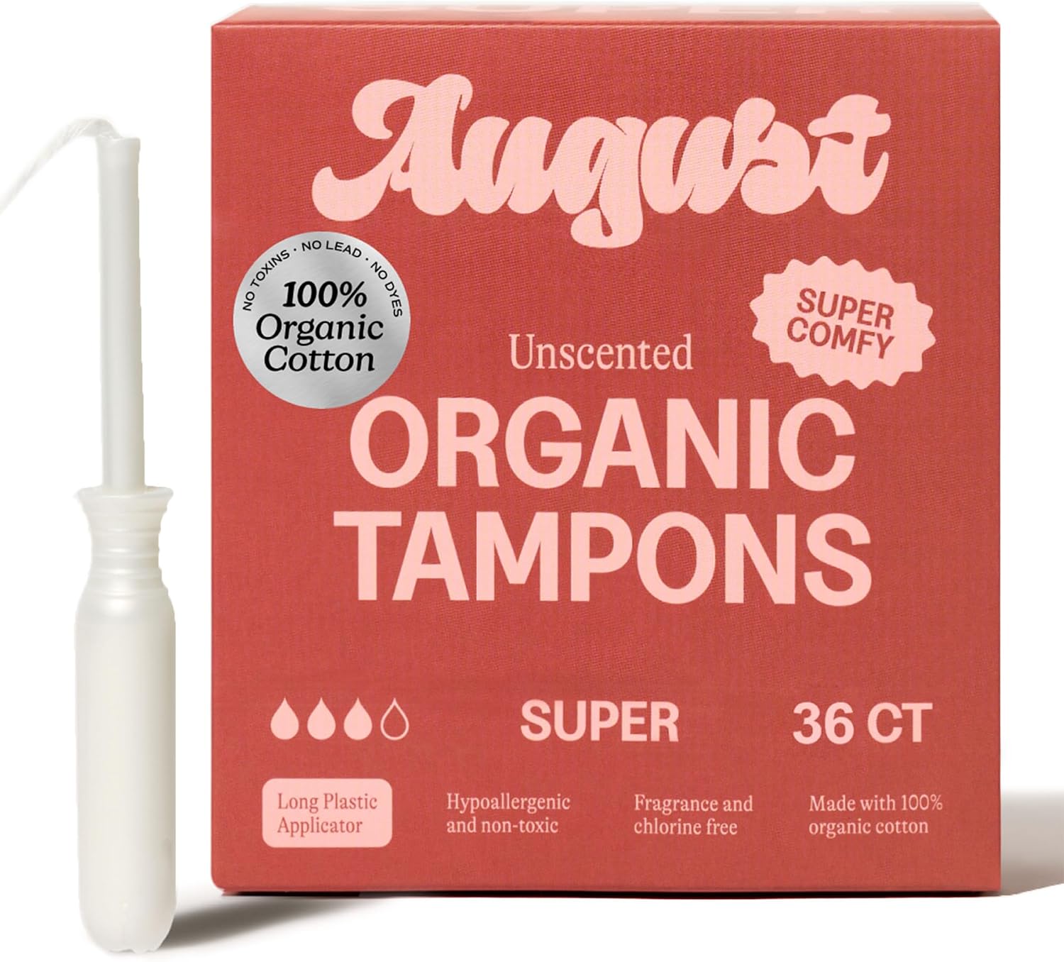 August Organic Tampons, 36-Pack Super Organic Cotton Tampons for Women | 100% organic cotton tampons with comfortable easy-glide long applicators. Fragrance free, hypoallergenic tampons for women.