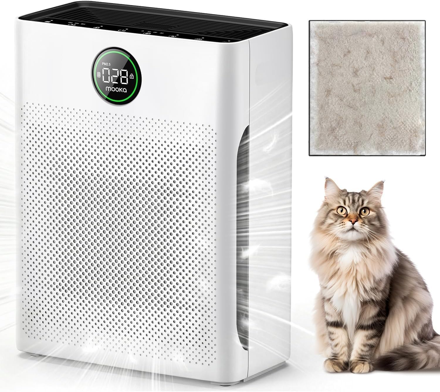 Air Purifiers for Home Large Room up to 2200sq.ft, MOOKA Air purifier for Home Pets with Washable Filter, PM 2.5 Display Air Quality Sensor Air Cleaner for Bedroom, Dorm room, Pets, Office PR1 (White) | Pet Mode Air purifier with 26db Quiet HEPA Sleep Mode, AQI Display, Air Cleaner for Pets Hair Dander, Smoke, Odors, Pollen