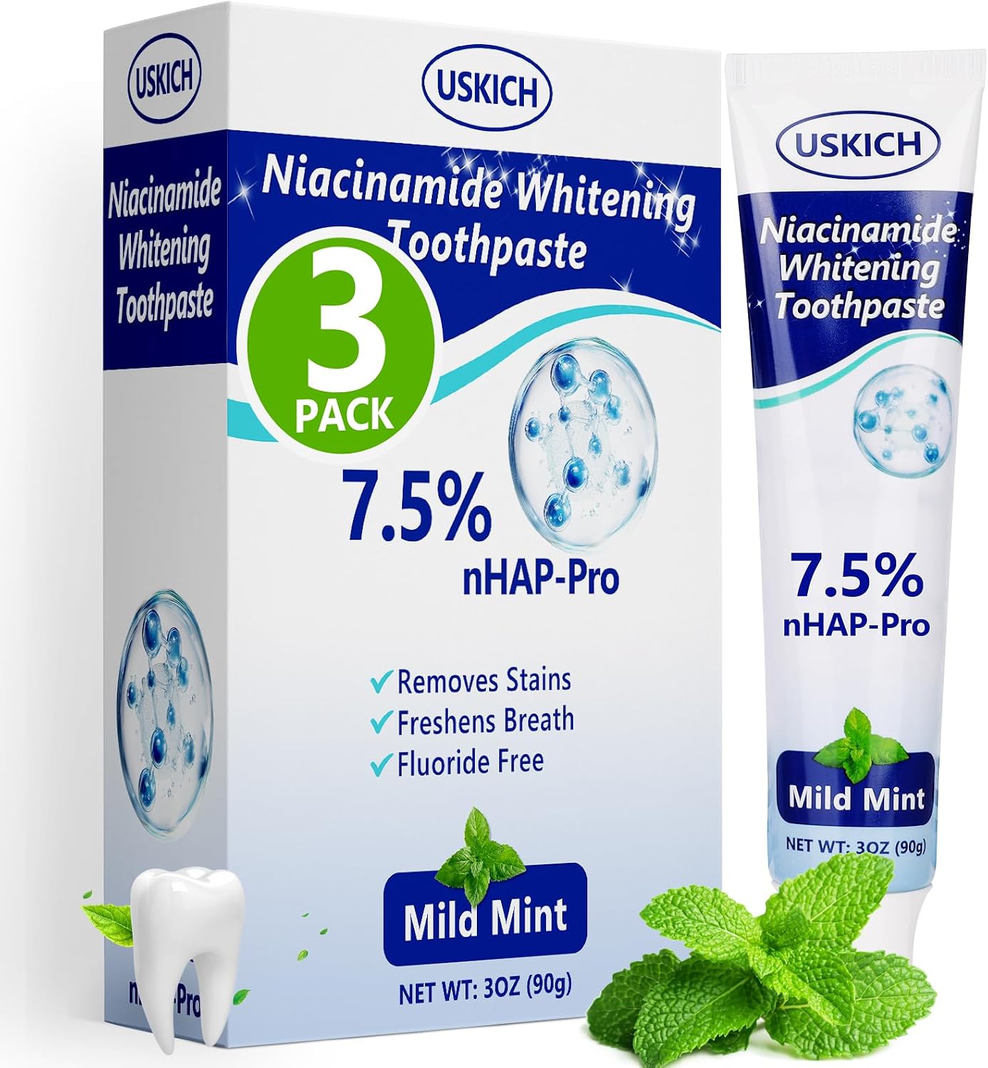 7.5% Nano-Hydroxyapatite Toothpaste,3 Pack Fresh Breath Whitening Toothpaste,Natural Peppermint Fluoride Free Toothpaste for Gentle Enamel Care, Brightens Smile & Refreshes Breath