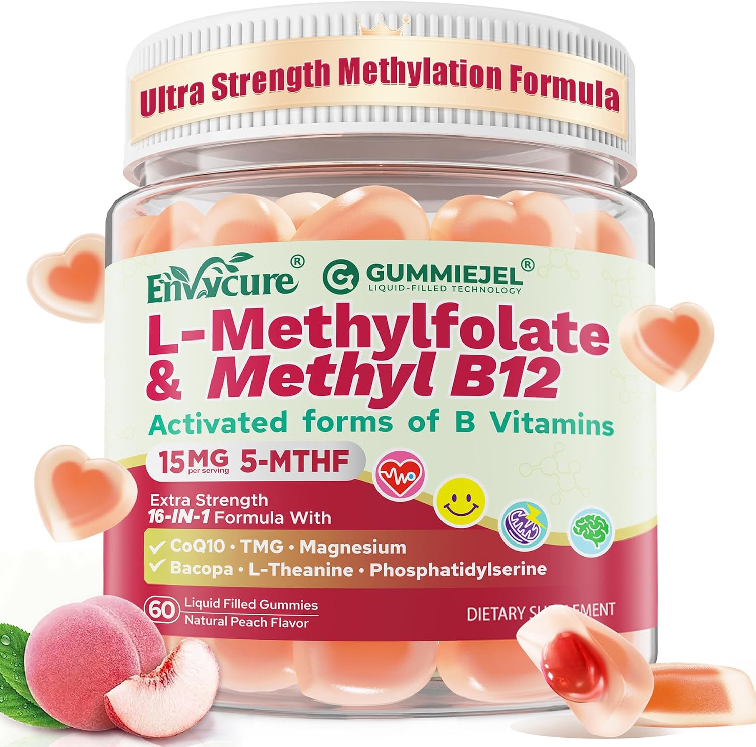 L-Methylfolate 7.5mg & 15mg + Methyl B12 Gummies,Women & Men, 0G Sugar,60Ct