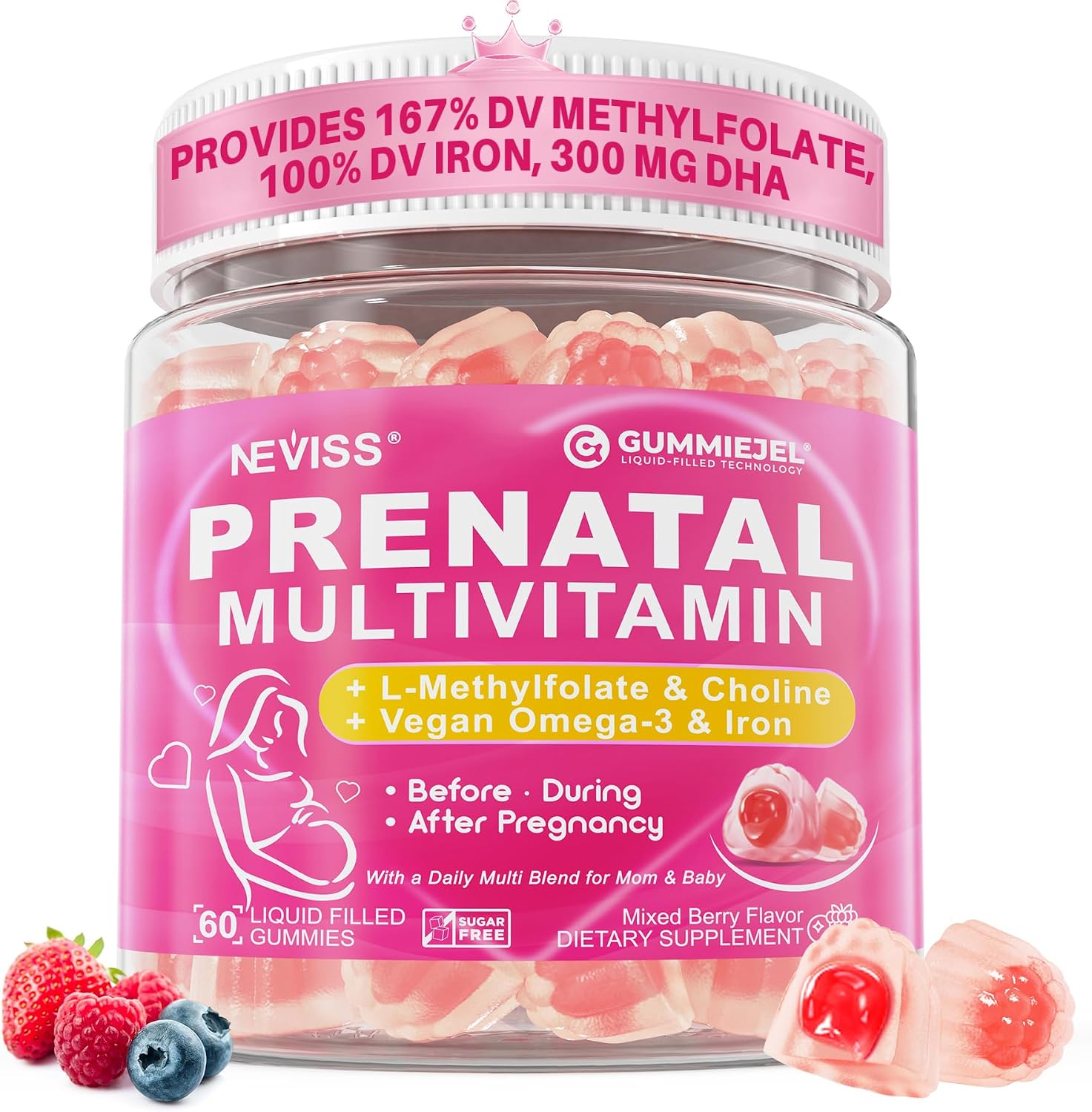 Prenatal Vitamins for Women Gummies w/ Methylfolate 1mg,DHA Iron Choline B6