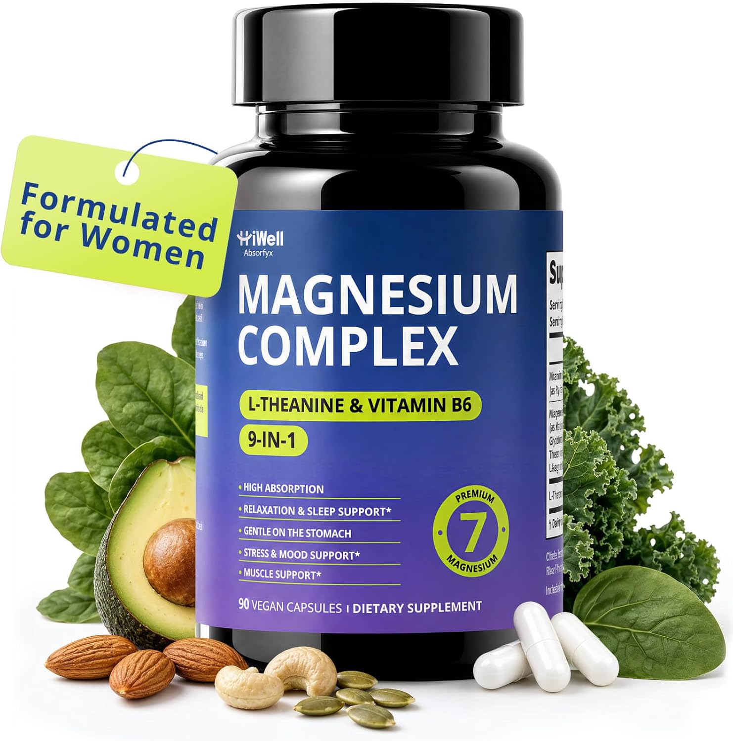 Magnesium Complex for Women with L-Theanine & Vitamin B6 | 7-Form Magnesium, magnesium glycinate, High Absorption, Gentle Sleep Support, Melatonin-Free, Vegan Capsules, 45-Day Supply