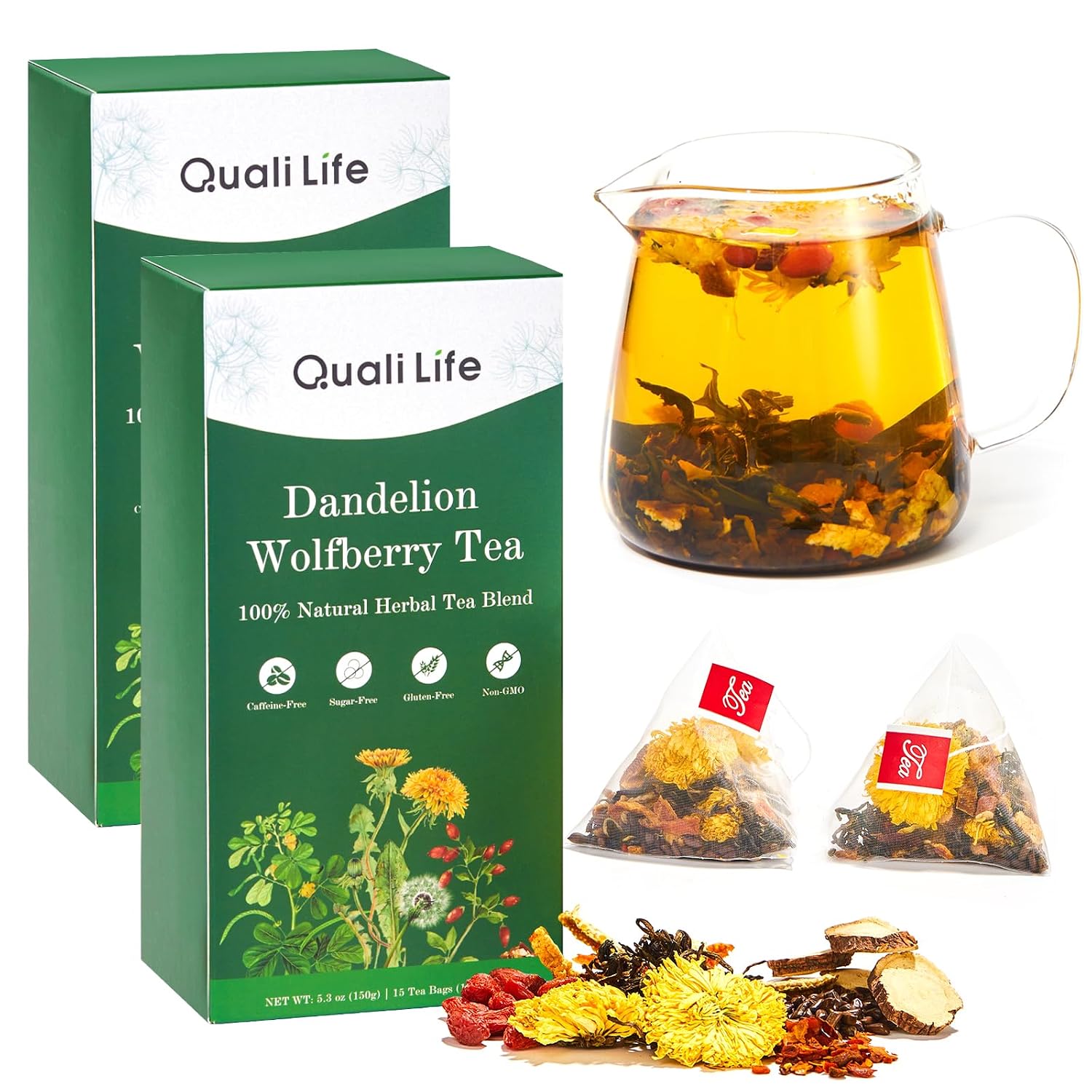 Dandelion Wolfberry Tea – Liver & Kidney Detox Herbal Tea, Summer Cleanse with Chrysanthemum, Wolfberry, Organic Dandelion Root, Cassia Seed, Licorice Chinese Herbal Tea Bag, 2 Packs